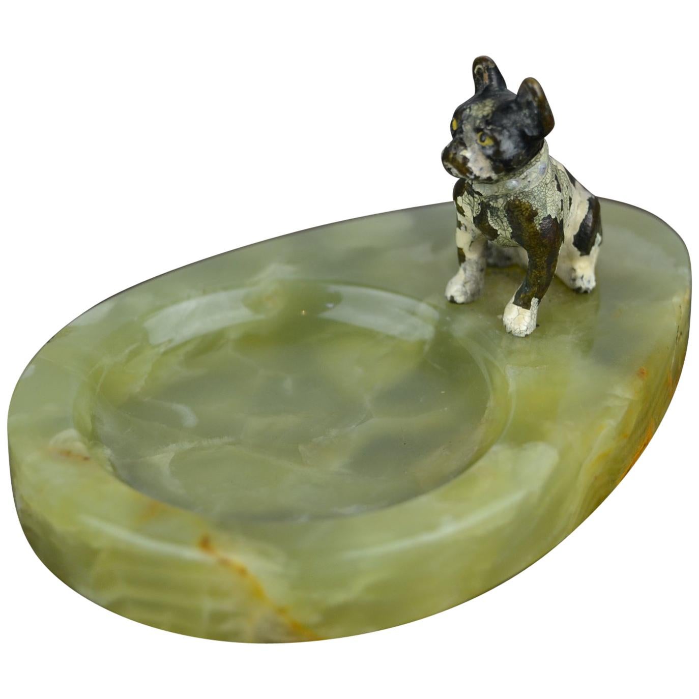 1920s Bronze French Bulldog on Onyx Ashtray, Art Deco