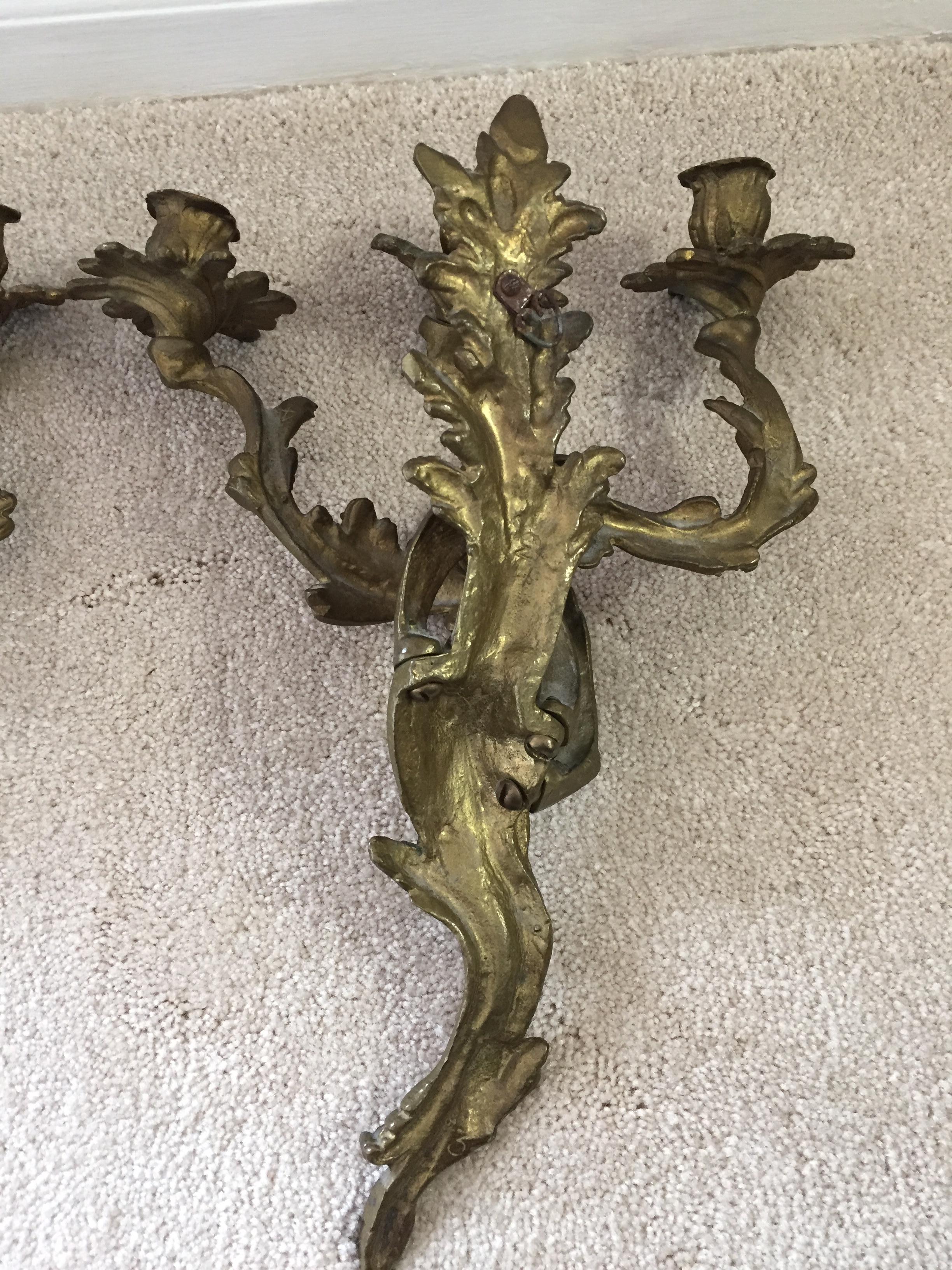 Hand-Crafted Bronze Italian 3-Armed Sconces, a Pair For Sale
