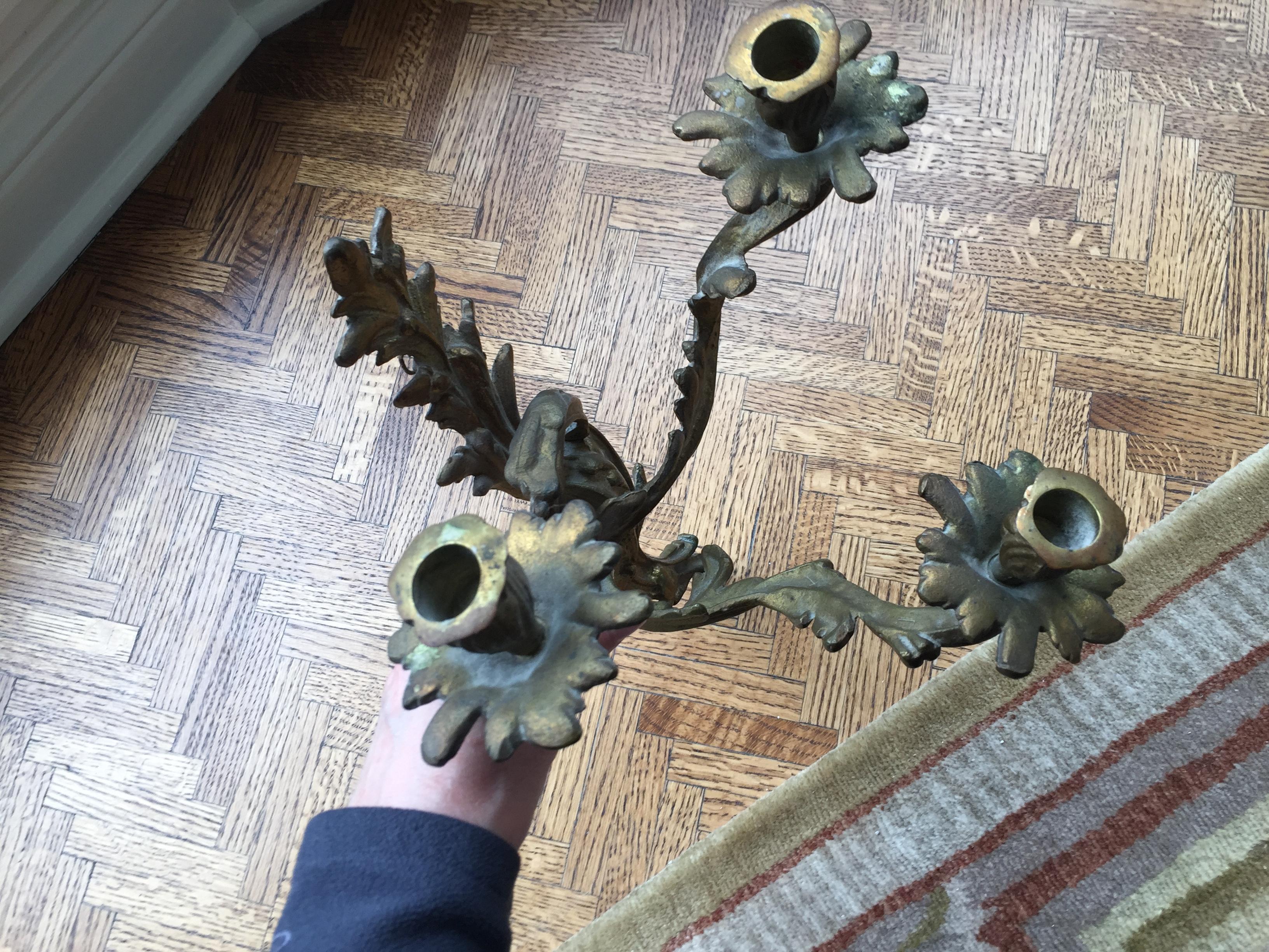 Bronze Italian 3-Armed Sconces, a Pair In Good Condition For Sale In Chicago, IL