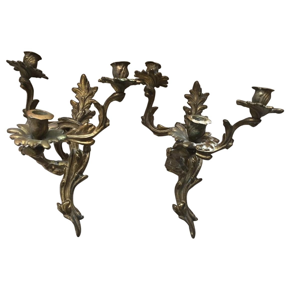Bronze Italian 3-Armed Sconces, a Pair For Sale