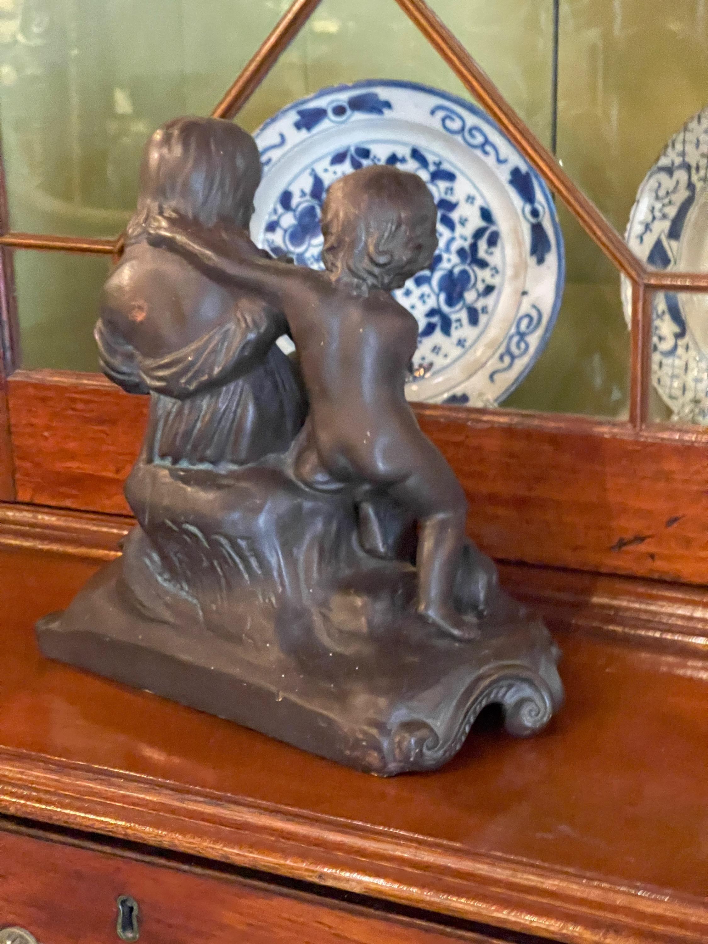 Pottery 1920s Bronzed Sculpture of Children with Rabbits For Sale