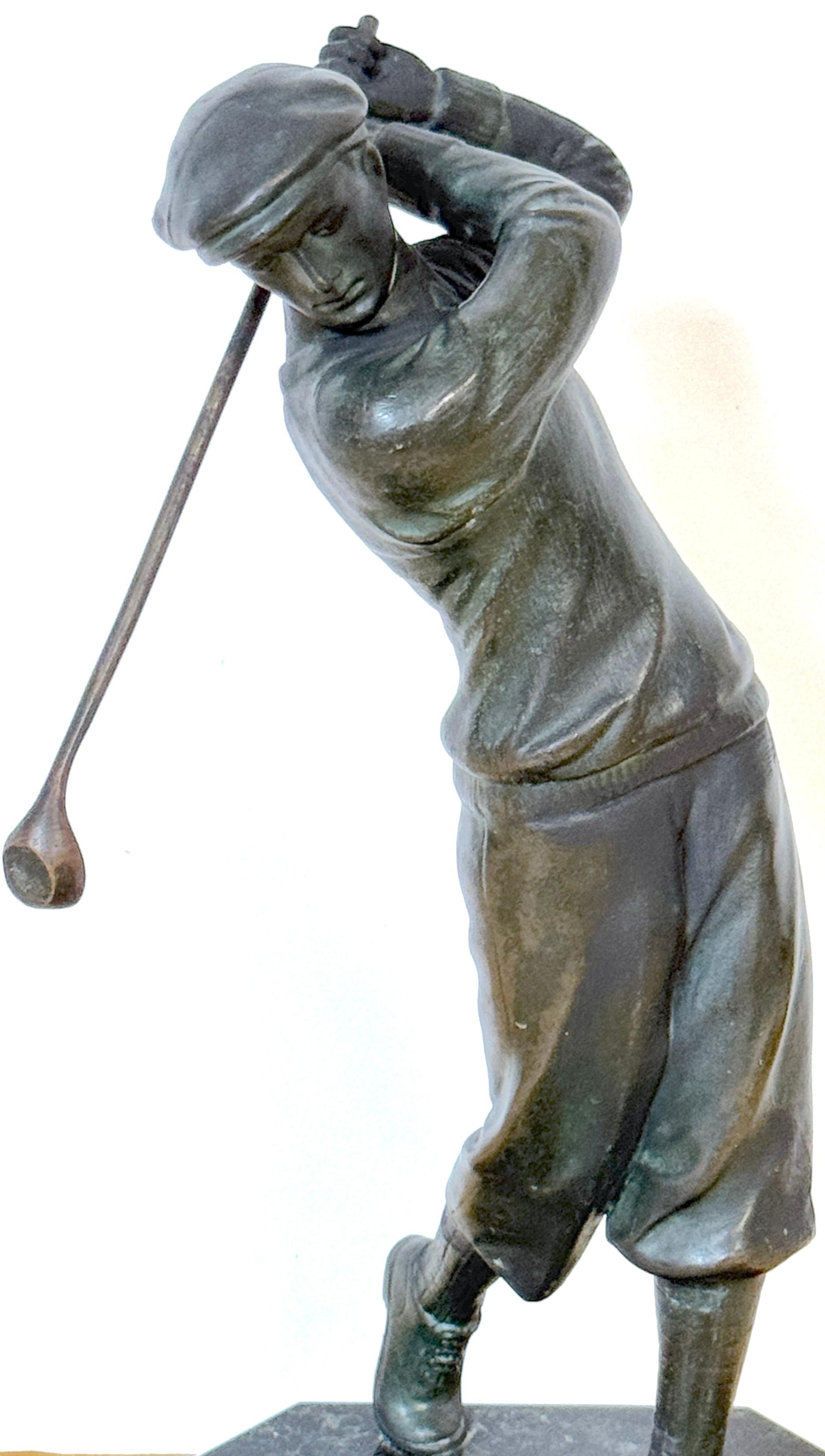 Art Deco 1920s Bronzed Swinging Golfer & Marble Catch All/ Vide-Poche