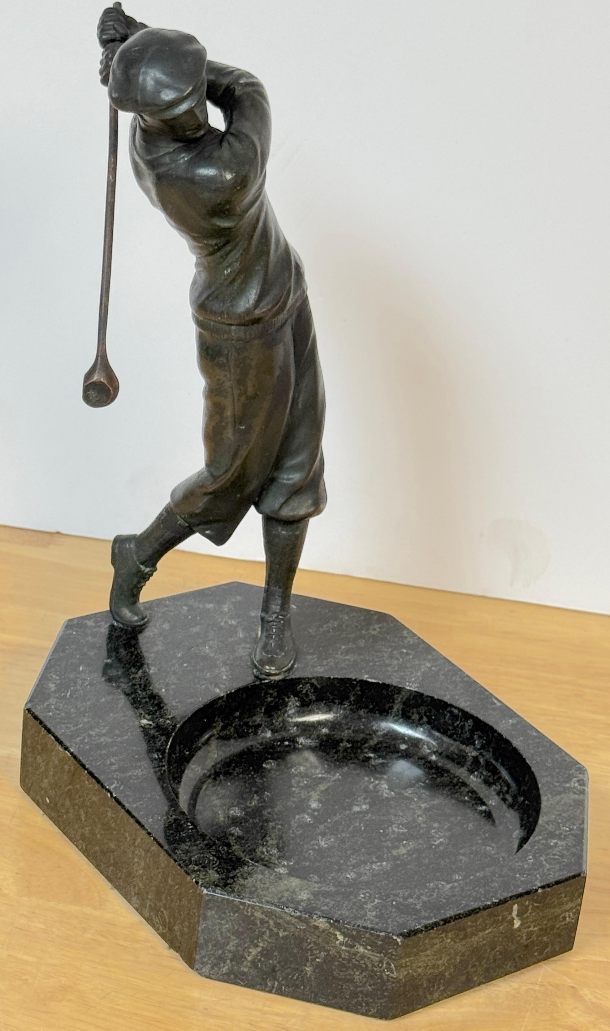 1920s Bronzed Swinging Golfer & Marble Catch All/ Vide-Poche In Good Condition In West Palm Beach, FL