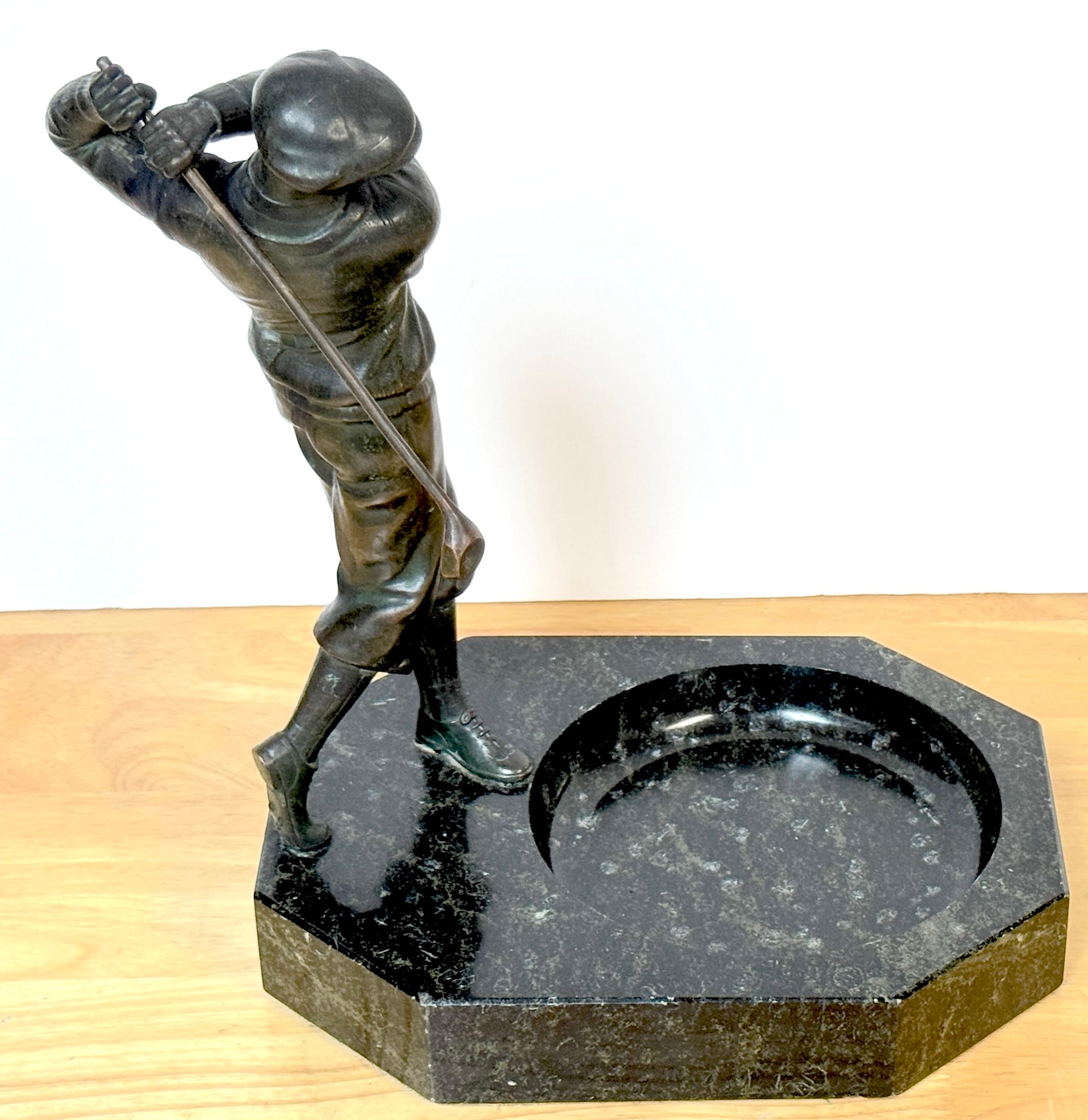20th Century 1920s Bronzed Swinging Golfer & Marble Catch All/ Vide-Poche