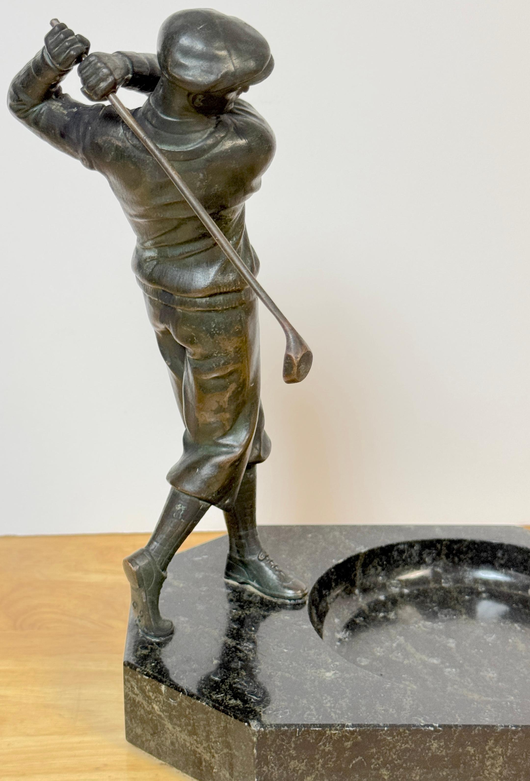 Metal 1920s Bronzed Swinging Golfer & Marble Catch All/ Vide-Poche