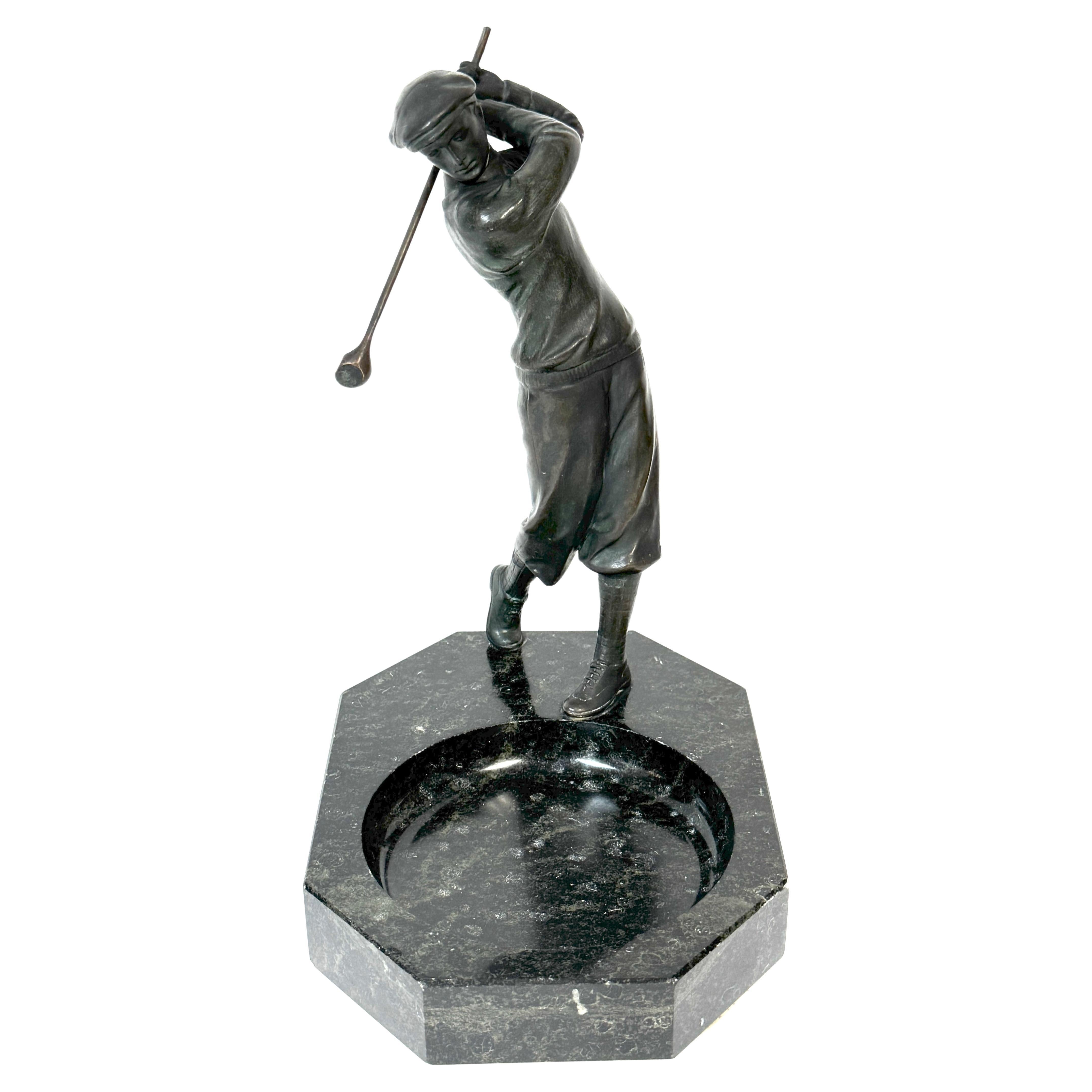 1920s Bronzed Swinging Golfer & Marble Catch All/ Vide-Poche