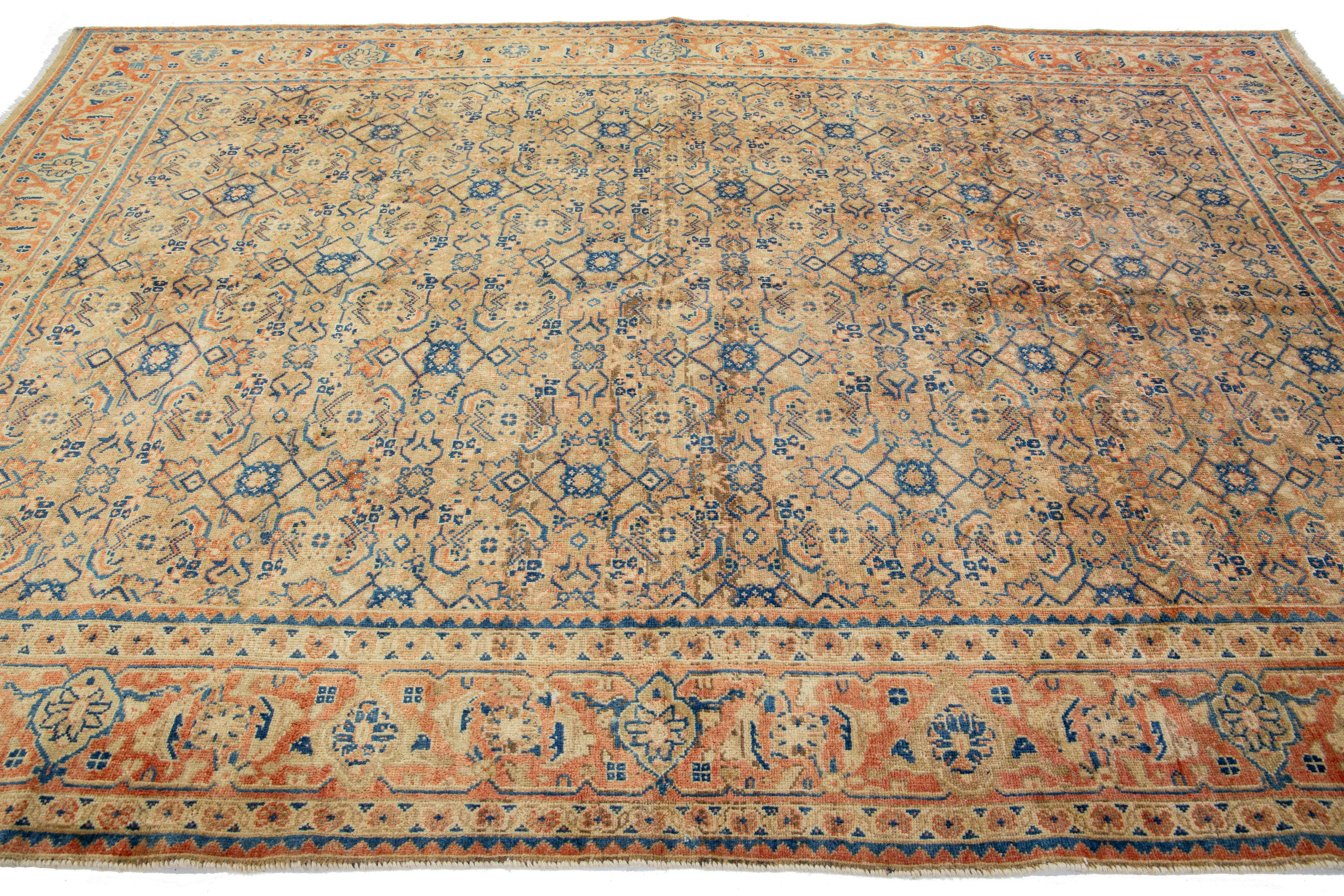 Hand-Knotted  1920s Brown Antique Wool Rug Persian Mahal With Floral Pattern  For Sale