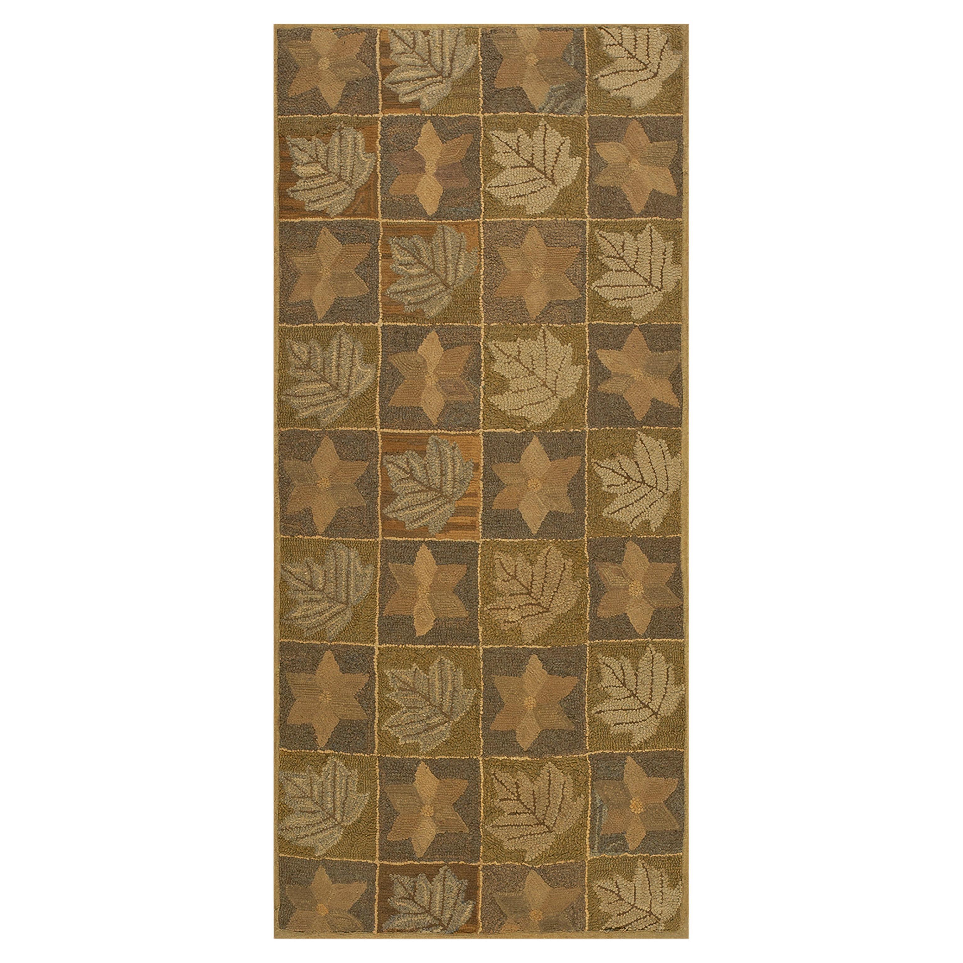 1920s Brown Folk Art Star 
Leaf Antique American Hooked Rug 2
4

 x 5
 Carpet For Sale