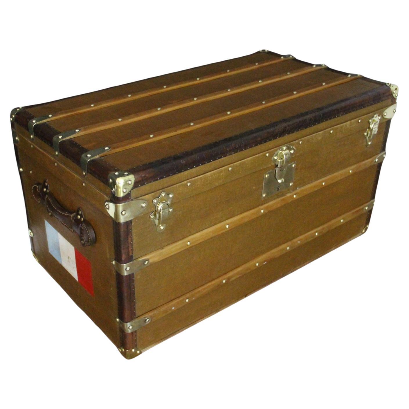 Baule a vapore Goyard degli anni '20, tela e pelle marrone, Antique French