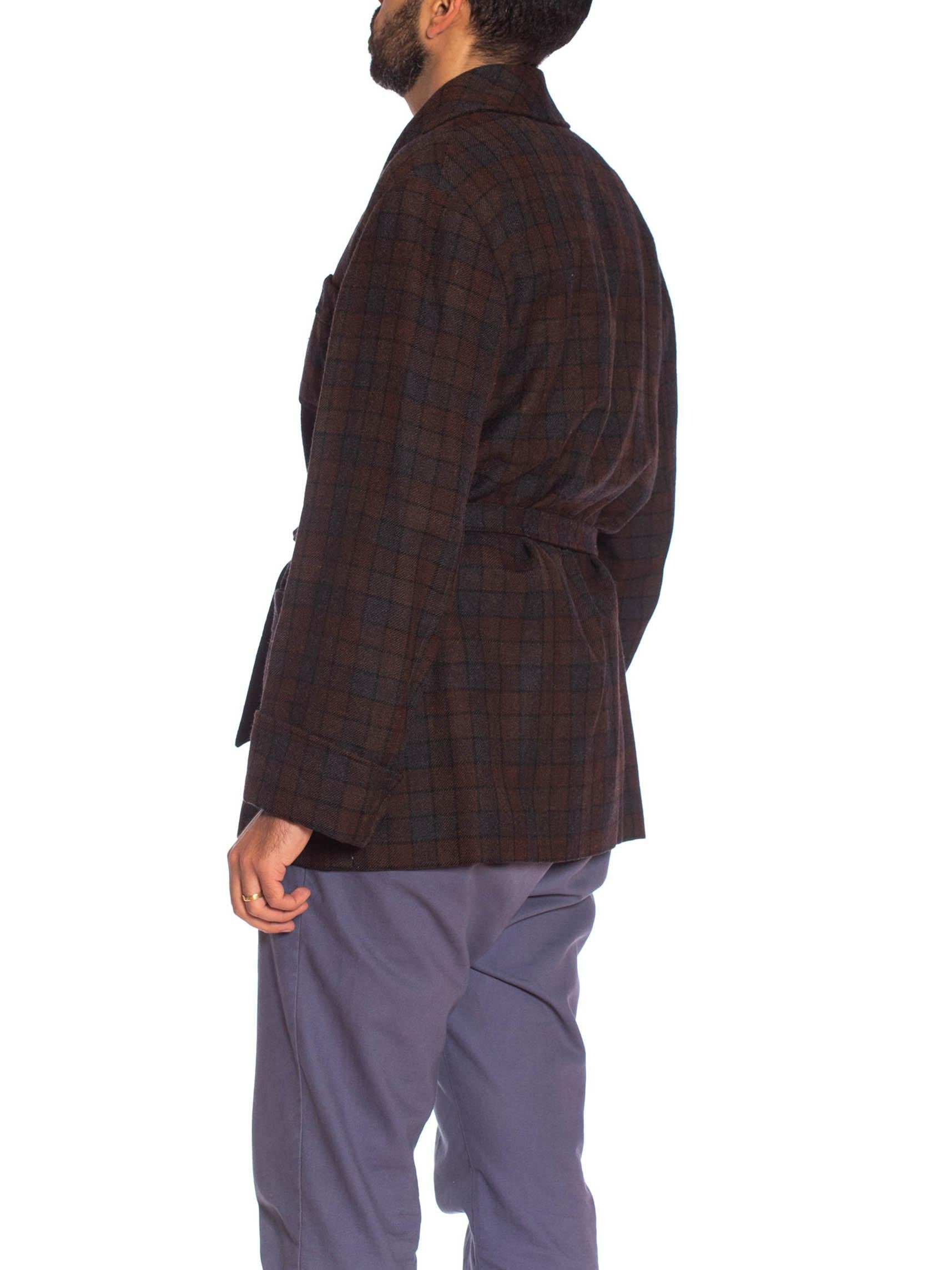 Gray 1920S Brown & Grey Wool Plaid Men's At Home Smoking Jacket For Sale