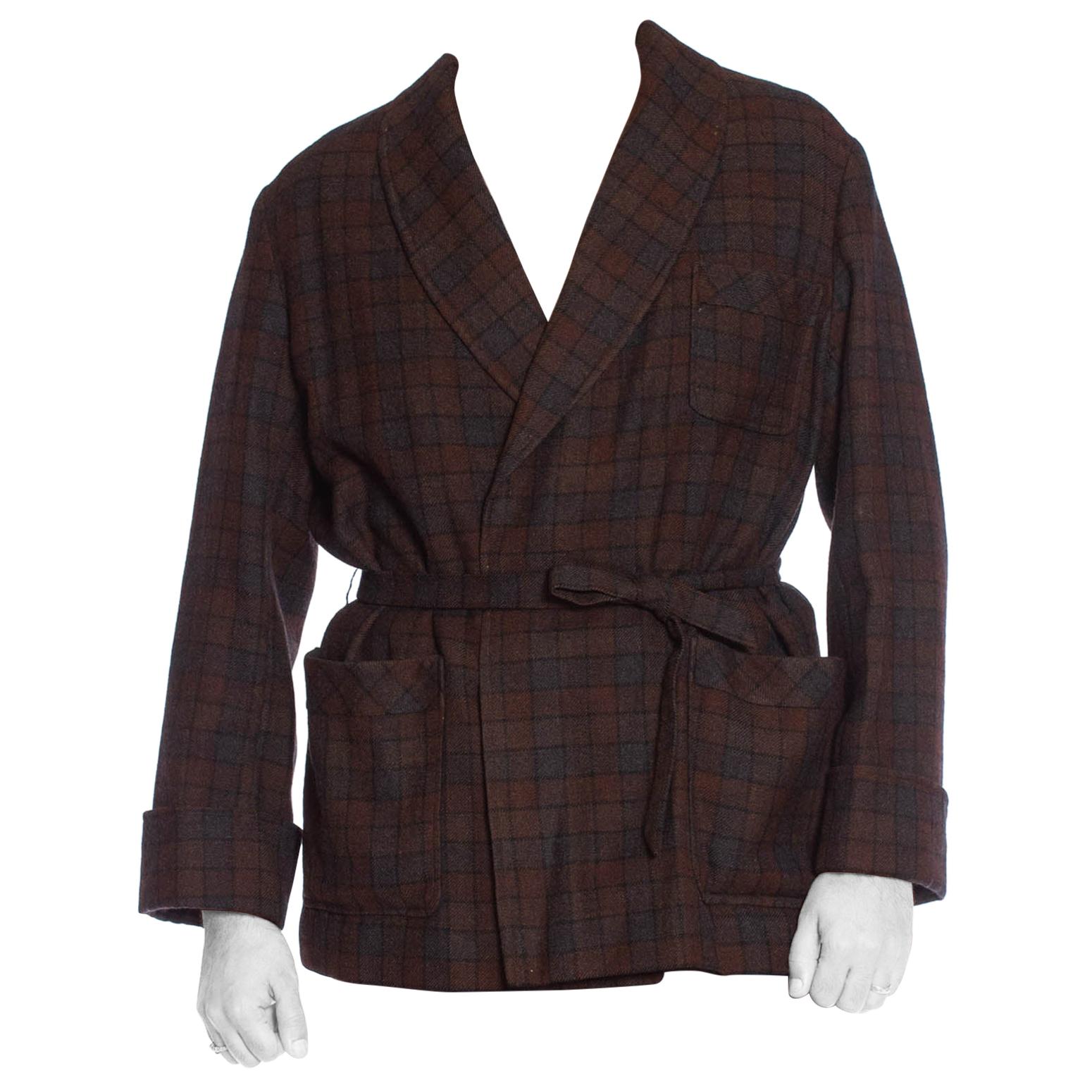 1920S Brown & Grey Wool Plaid Men's At Home Smoking Jacket For Sale