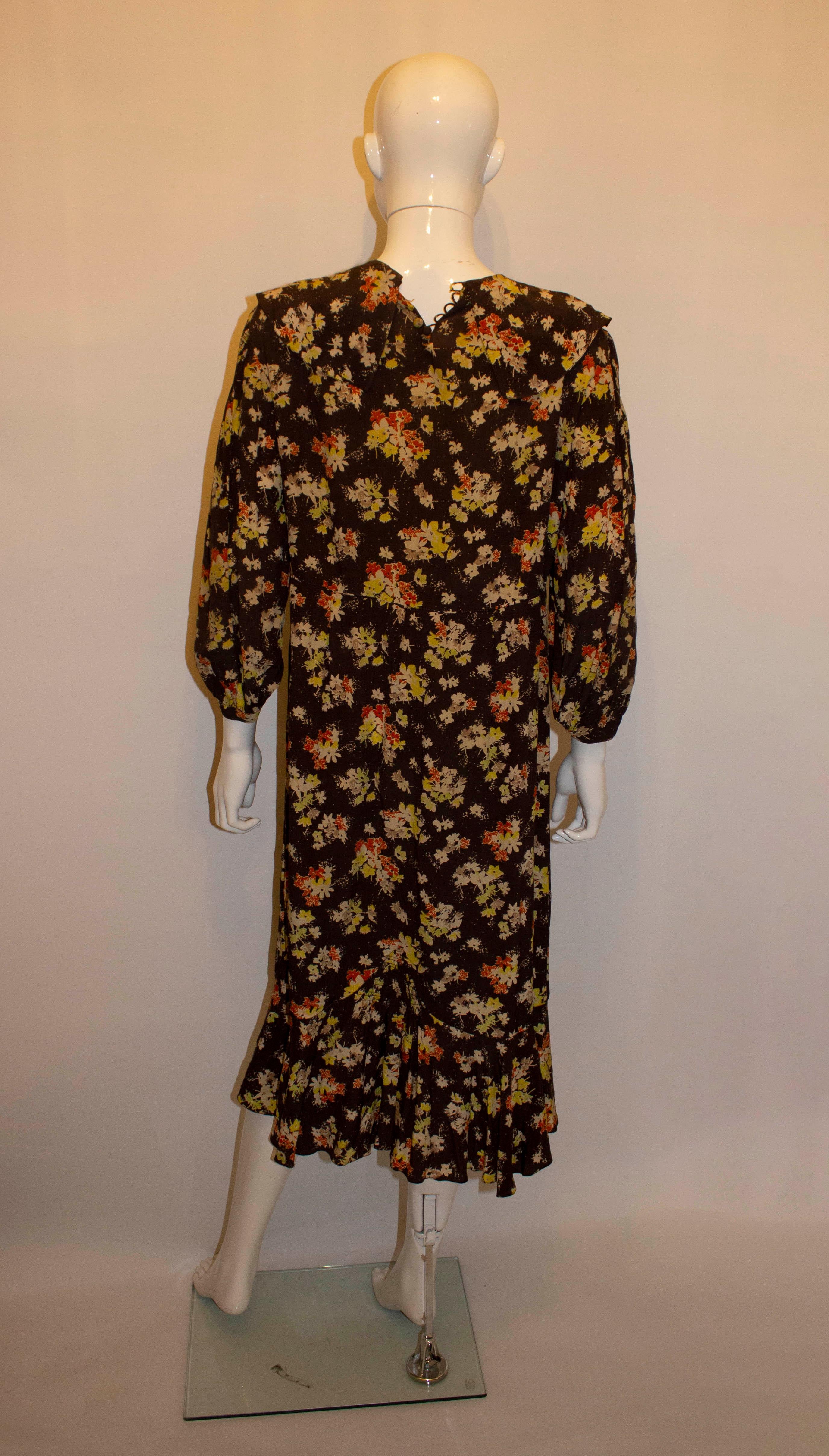 Black 1920s Brown Silk Print Dress For Sale