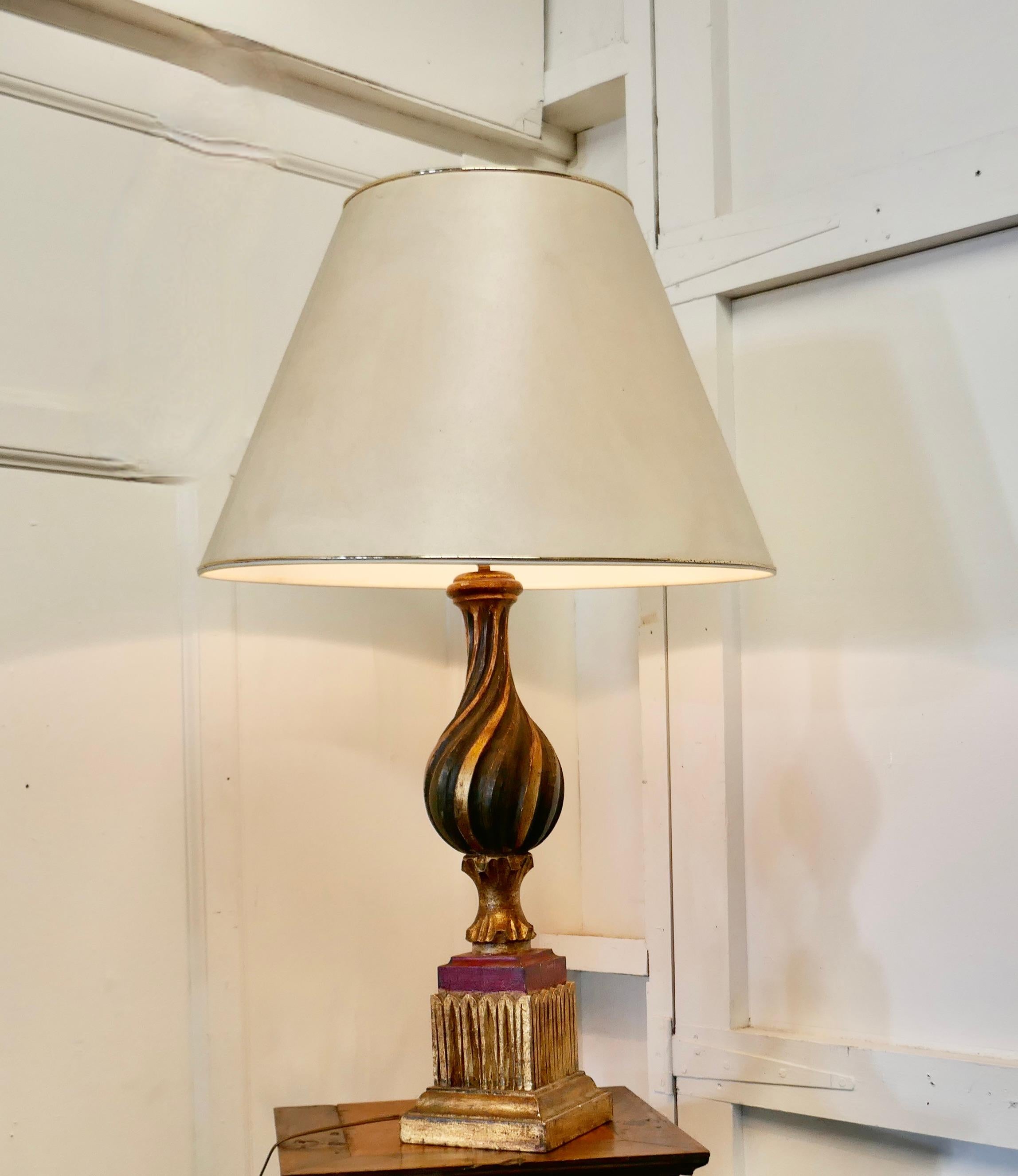 1920s Bulbous Folk Art painted Spanish lamp and shade

This an attractive painted lamp, the lamp has a hand carved bulbous Fair Ground Twisted column which is painted in Gold, Green and Red, the paint has now aged in colour and developed a