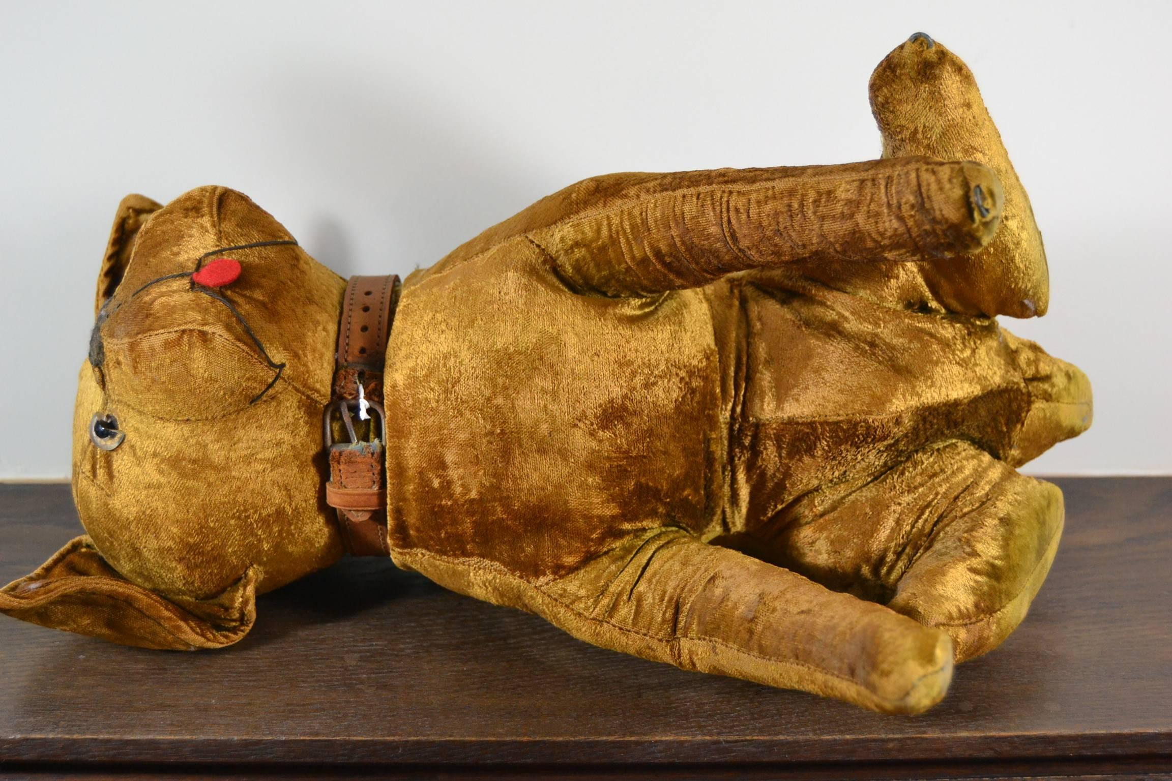 European Antique Bulldog Toy, Straw Stuffed Velvet, 1920s, Europe  For Sale