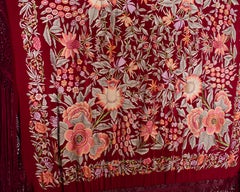 1920S Burgundy & Pink Silk Floral Embroidered Piano Shawl