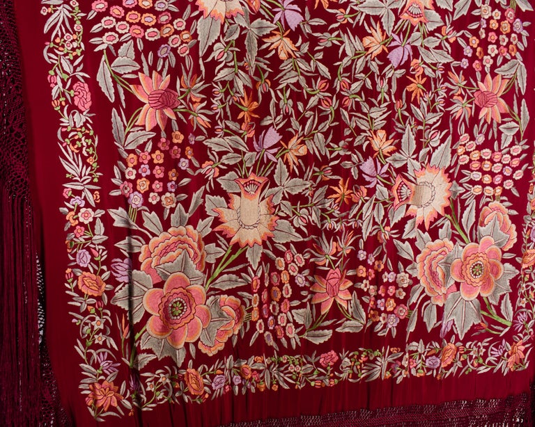 Vintage 1920's Silk Floral Embroidered Piano Shawl at 1stDibs
