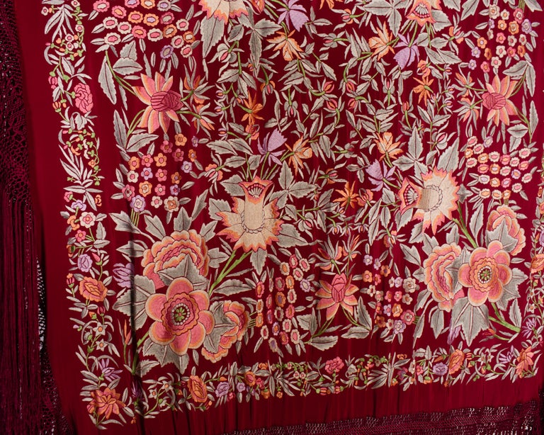 The 1920's Oriental Piano Silk Crepe Embroidered Triangle Shawl - Red Rose