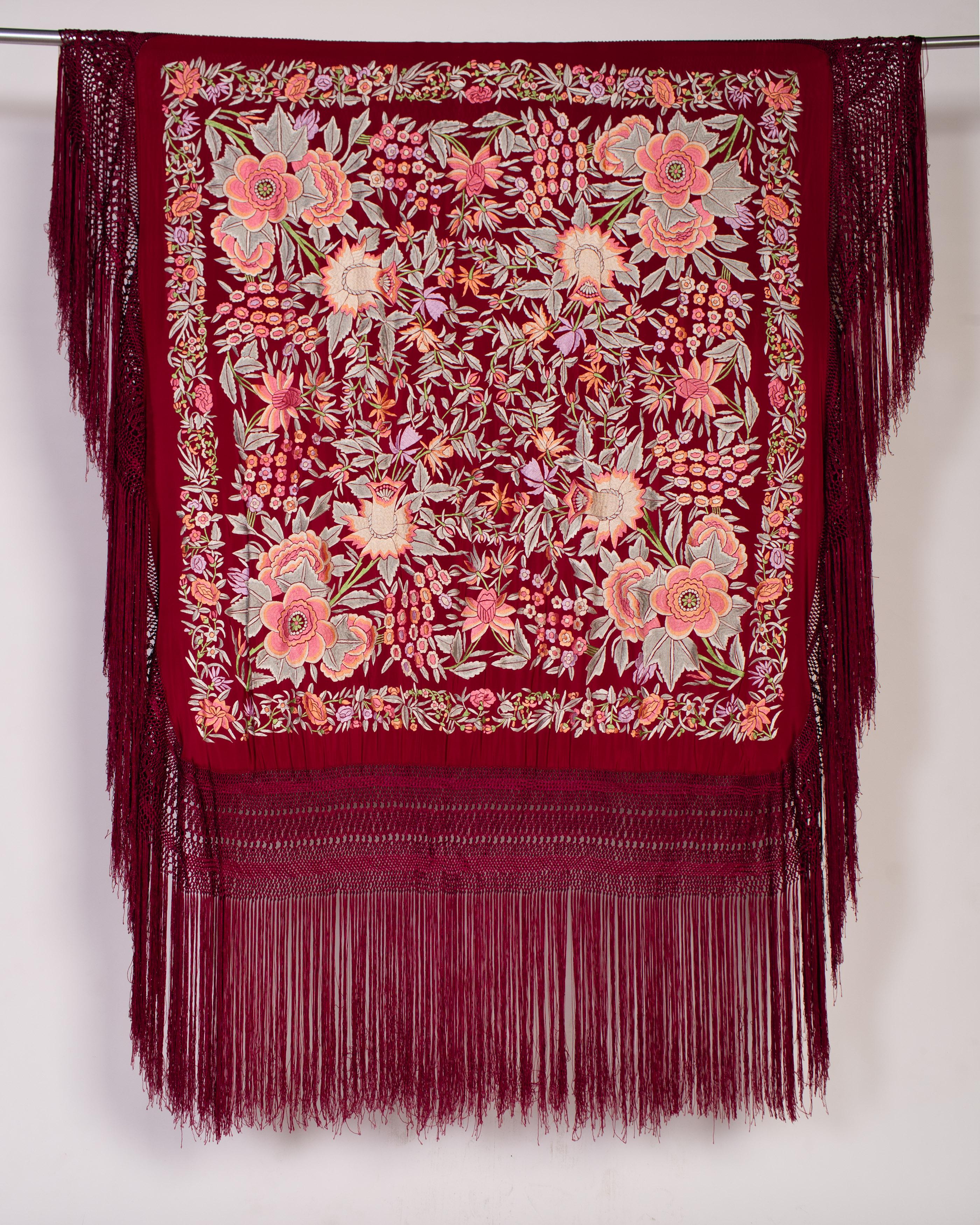 Women's 1920S Burgundy & Pink Silk Floral Embroidered Piano Shawl For Sale