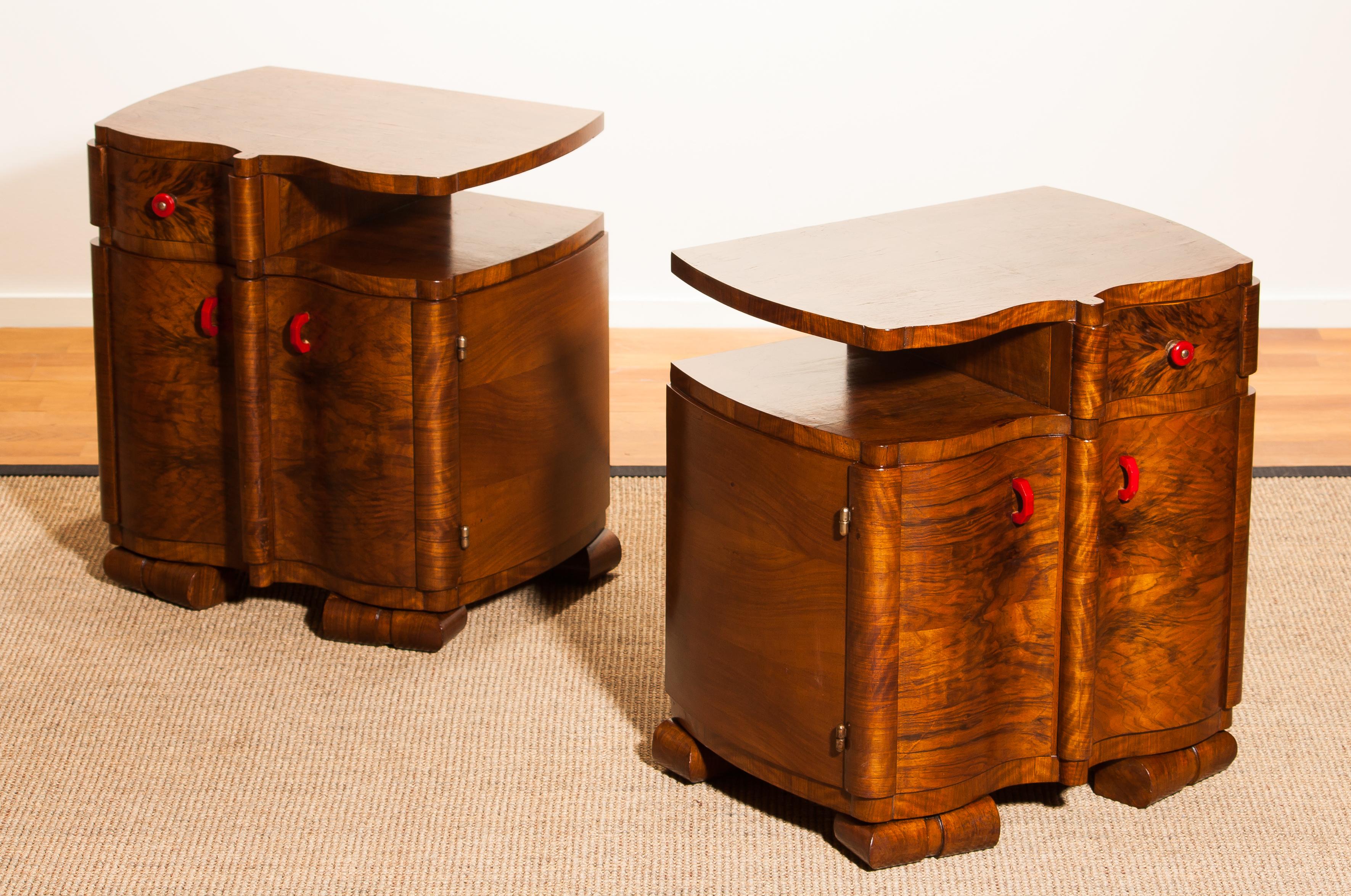 Early 20th Century 1920s Burl Wood Art Deco Bedside Tables