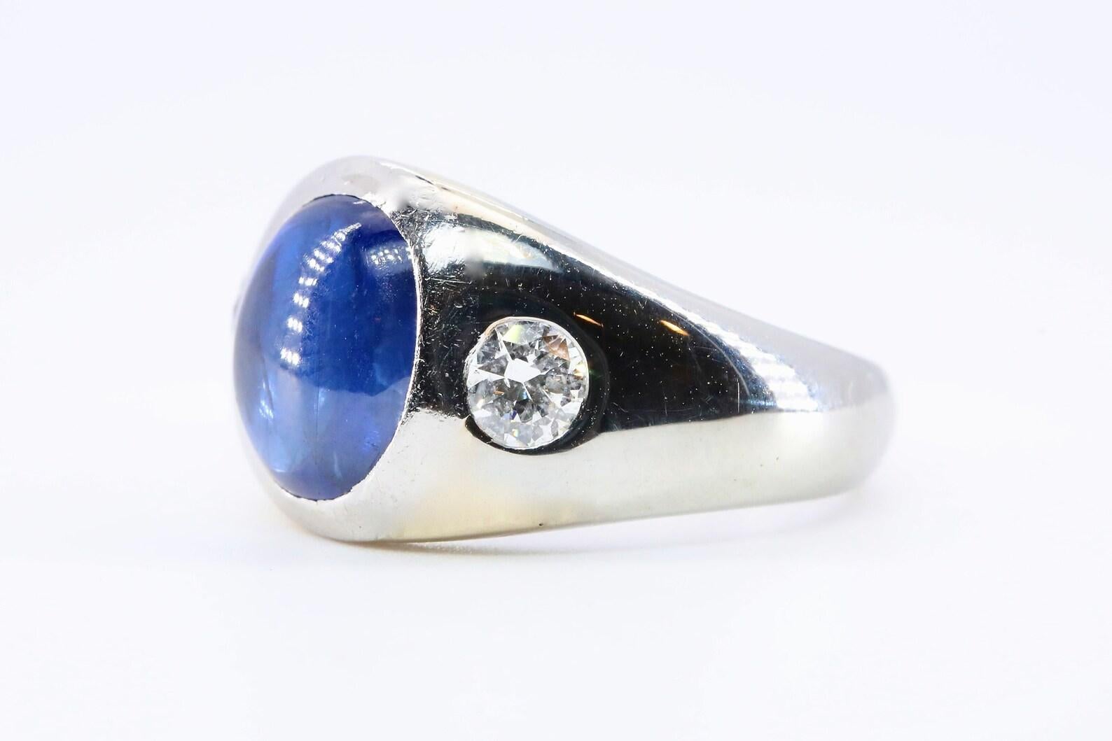 Art Deco 1920's Burma Royal Blue GIA No Heat Cabochon Sapphire & Diamond Unisex Ring For Sale
