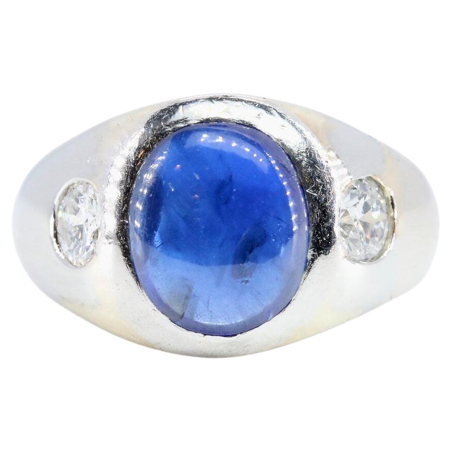 1920's Burma Royal Blue GIA No Heat Cabochon Sapphire & Diamond Unisex Ring For Sale