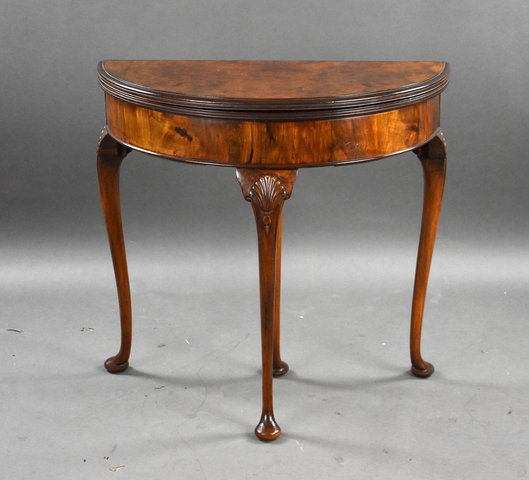1930s Burr Walnut card table, the back leg pulls out to hold cards etc and to support the top when open, which is covered in a green baise.