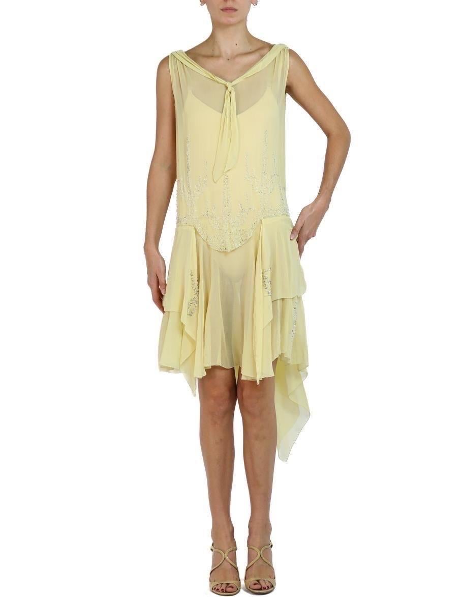 1920S Butter Yellow Silk Dress With Hand Beading For Sale 2