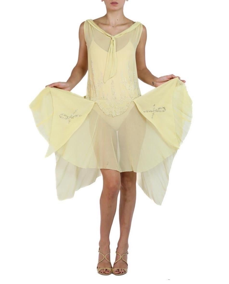 1920S Butter Yellow Silk Dress With Hand Beading For Sale 3