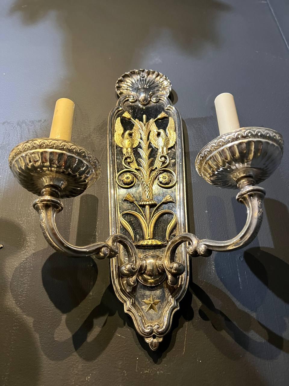 Silvered 1920's Caldwell American Empire Sconces with Bronze Eagles  For Sale