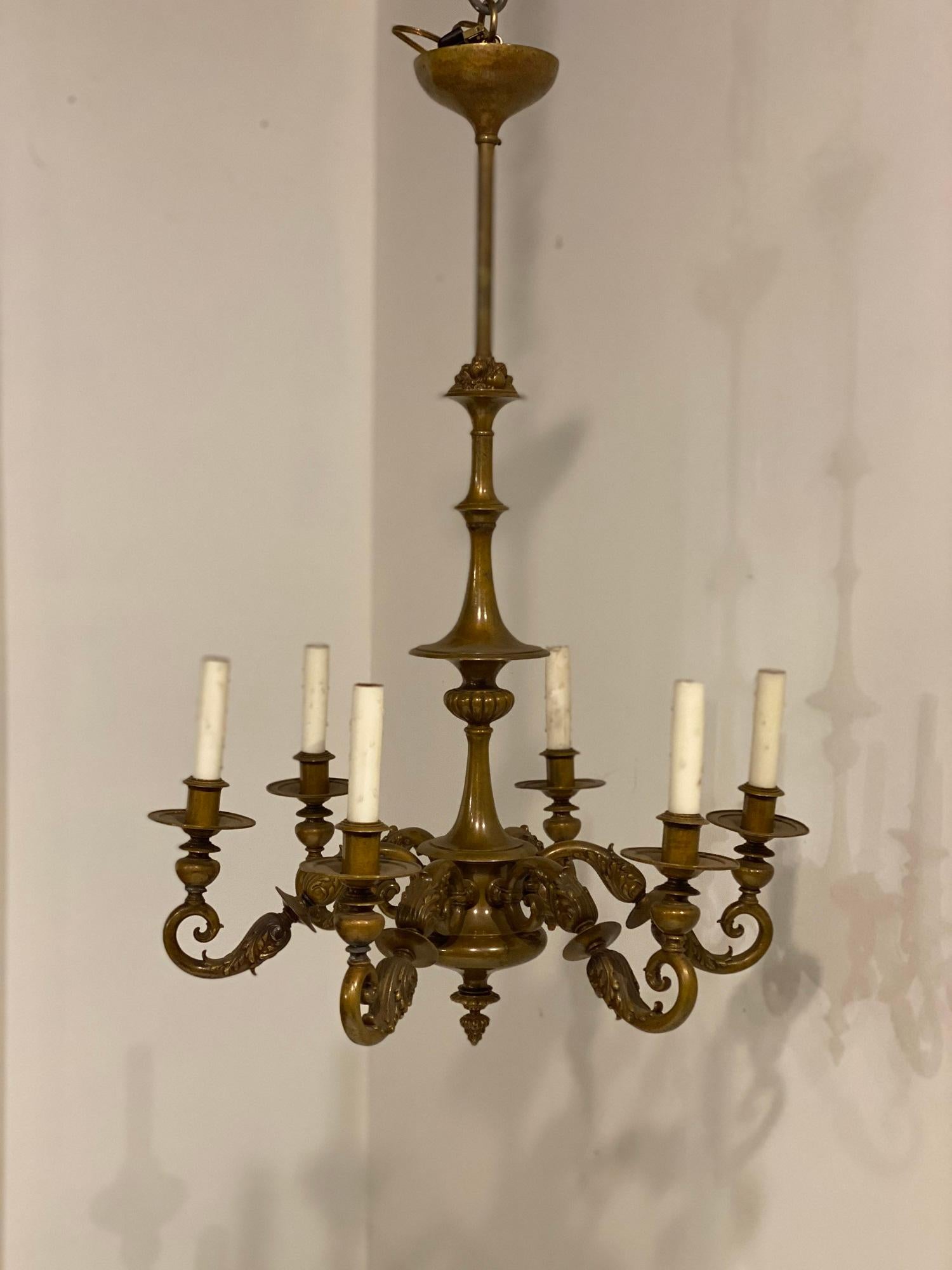 A circa 1920's Caldwell 6 lights chandelier with brown patinated finish 