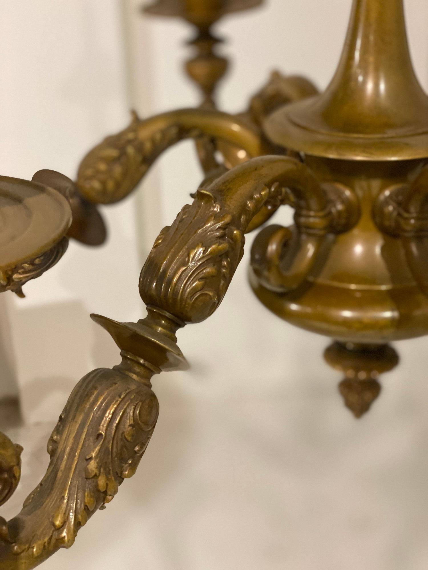 Engraved 1920s Caldwell Bronze 6 Lights Chandelier For Sale