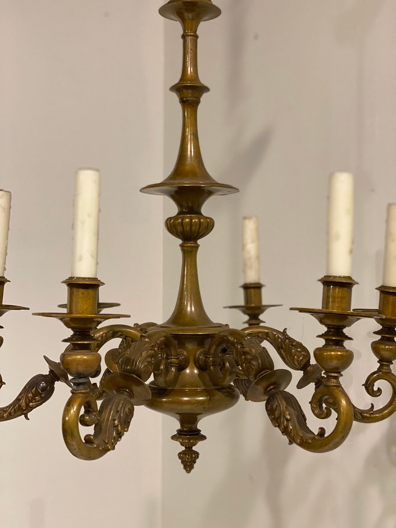 1920s Caldwell Bronze 6 Lights Chandelier In Good Condition For Sale In New York, NY