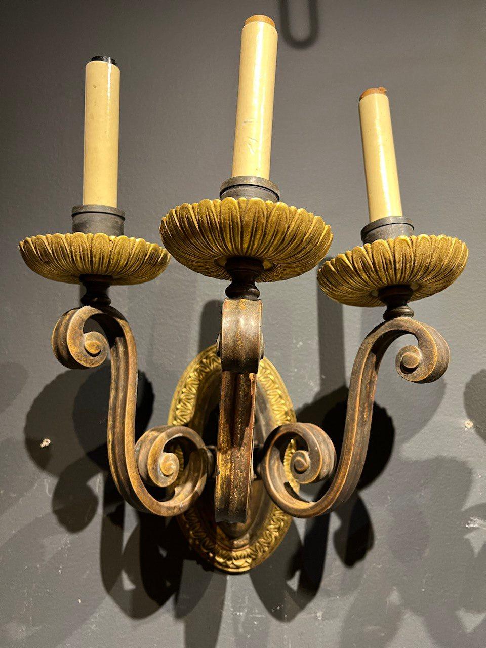 American Classical 1920’s Caldwell Brown and Gold Three lights Sconces For Sale