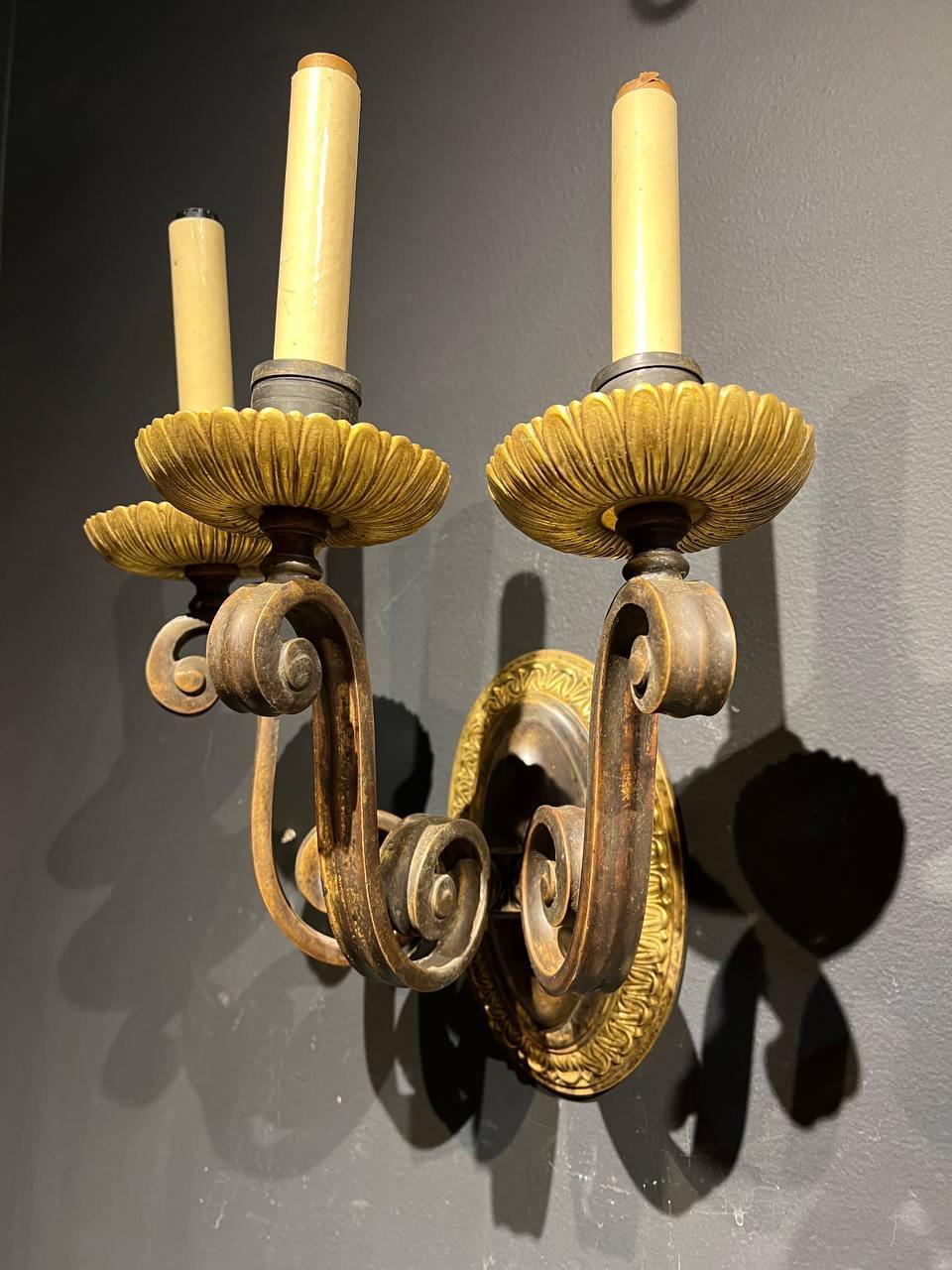 Early 20th Century 1920’s Caldwell Brown and Gold Three lights Sconces For Sale