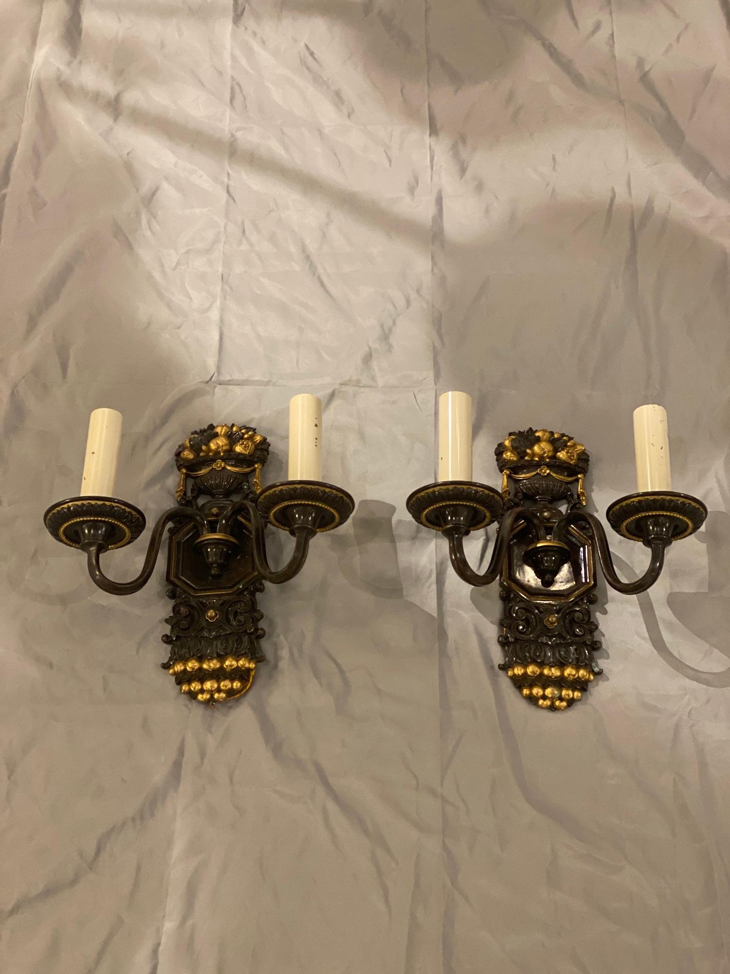 Gilt 1920’s Caldwell Brown patina Sconces  For Sale