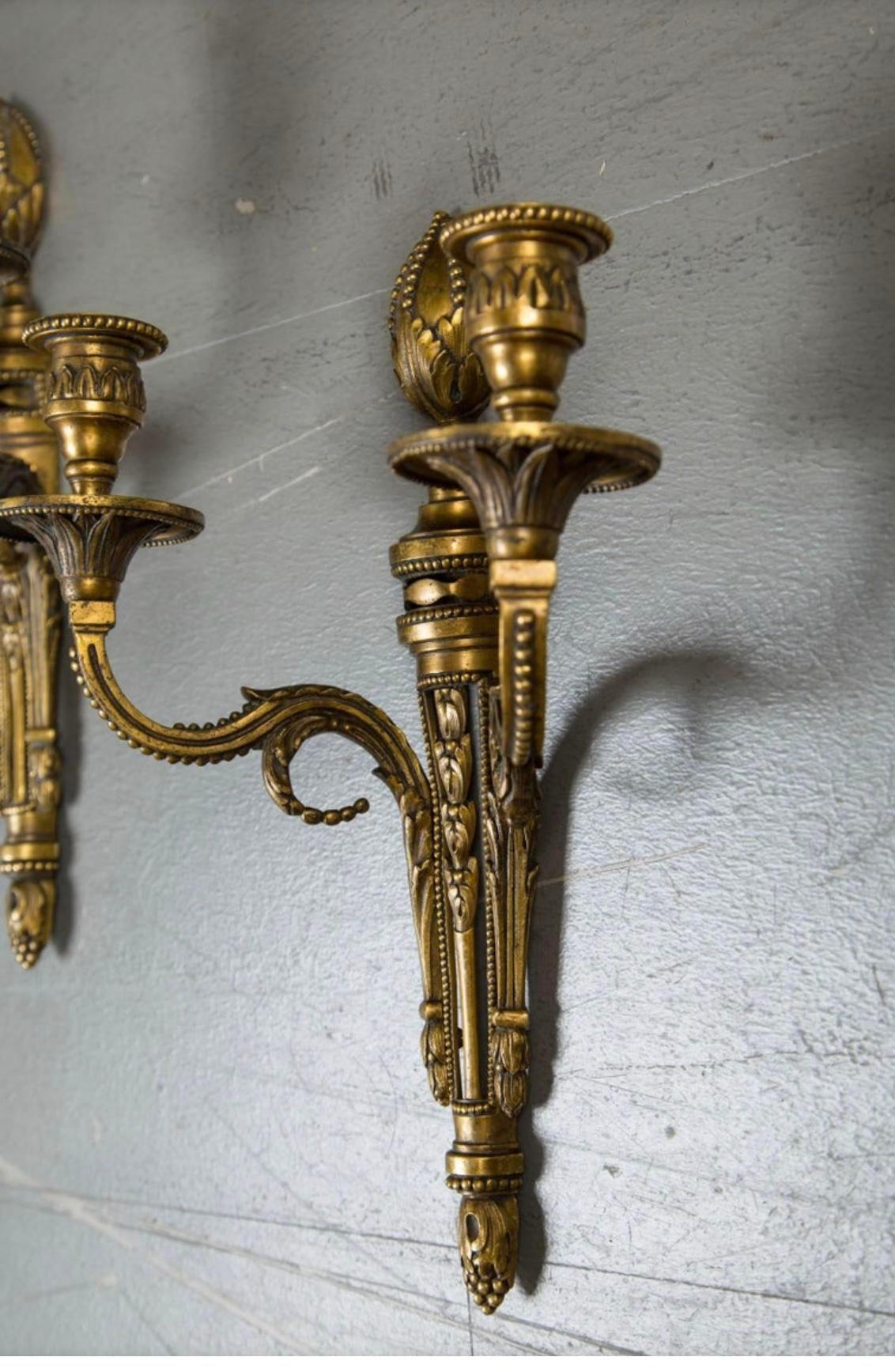 1920’s Caldwell Double Arm Gilt Bronze Sconces In Good Condition For Sale In New York, NY