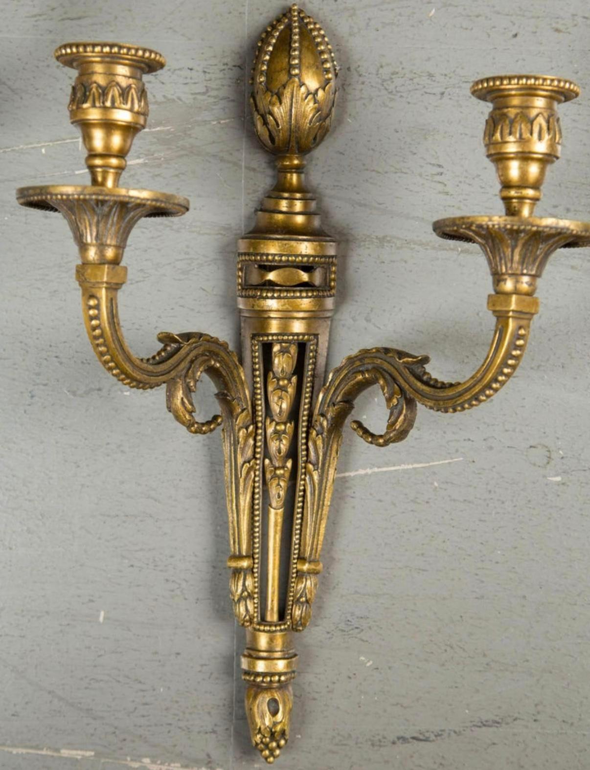 Early 20th Century 1920’s Caldwell Double Arm Gilt Bronze Sconces For Sale