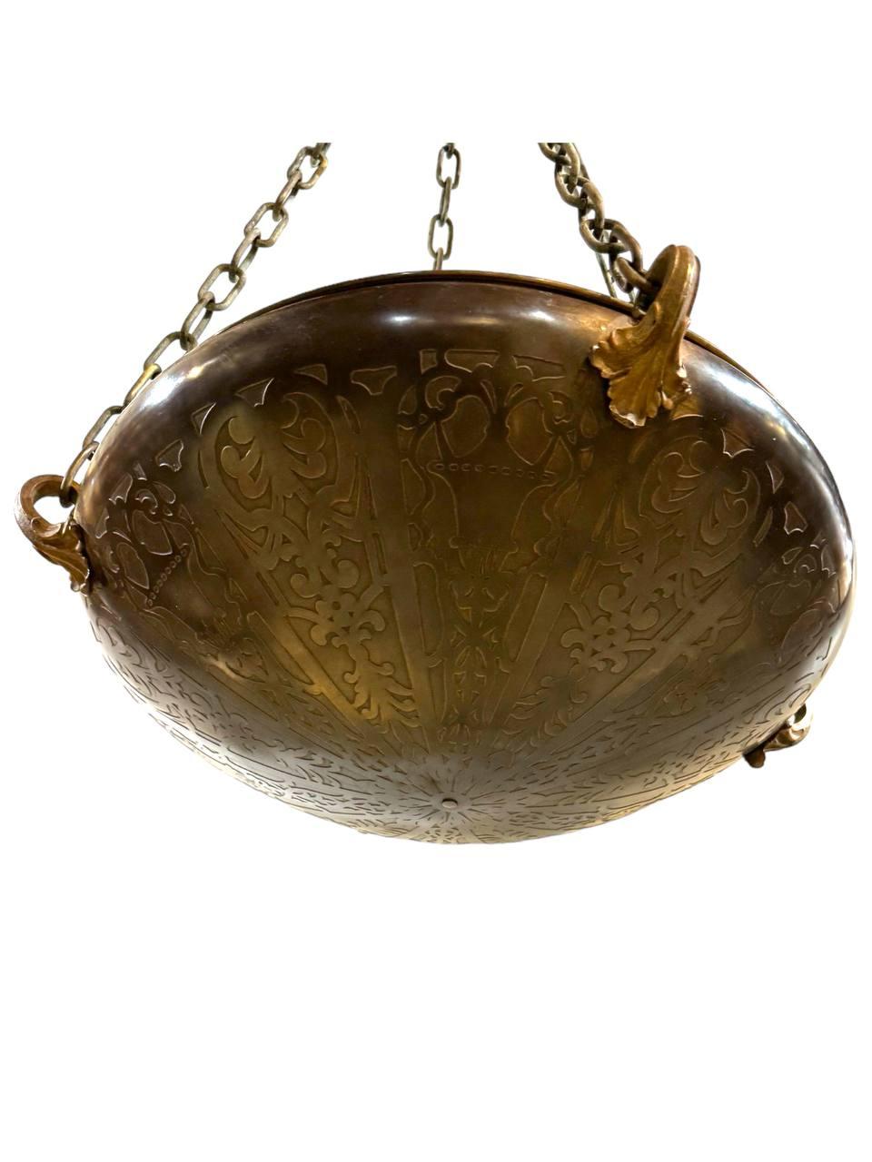1920’s Caldwell Engraved Bronze Light Fixture With Brown Patina In Good Condition For Sale In New York, NY