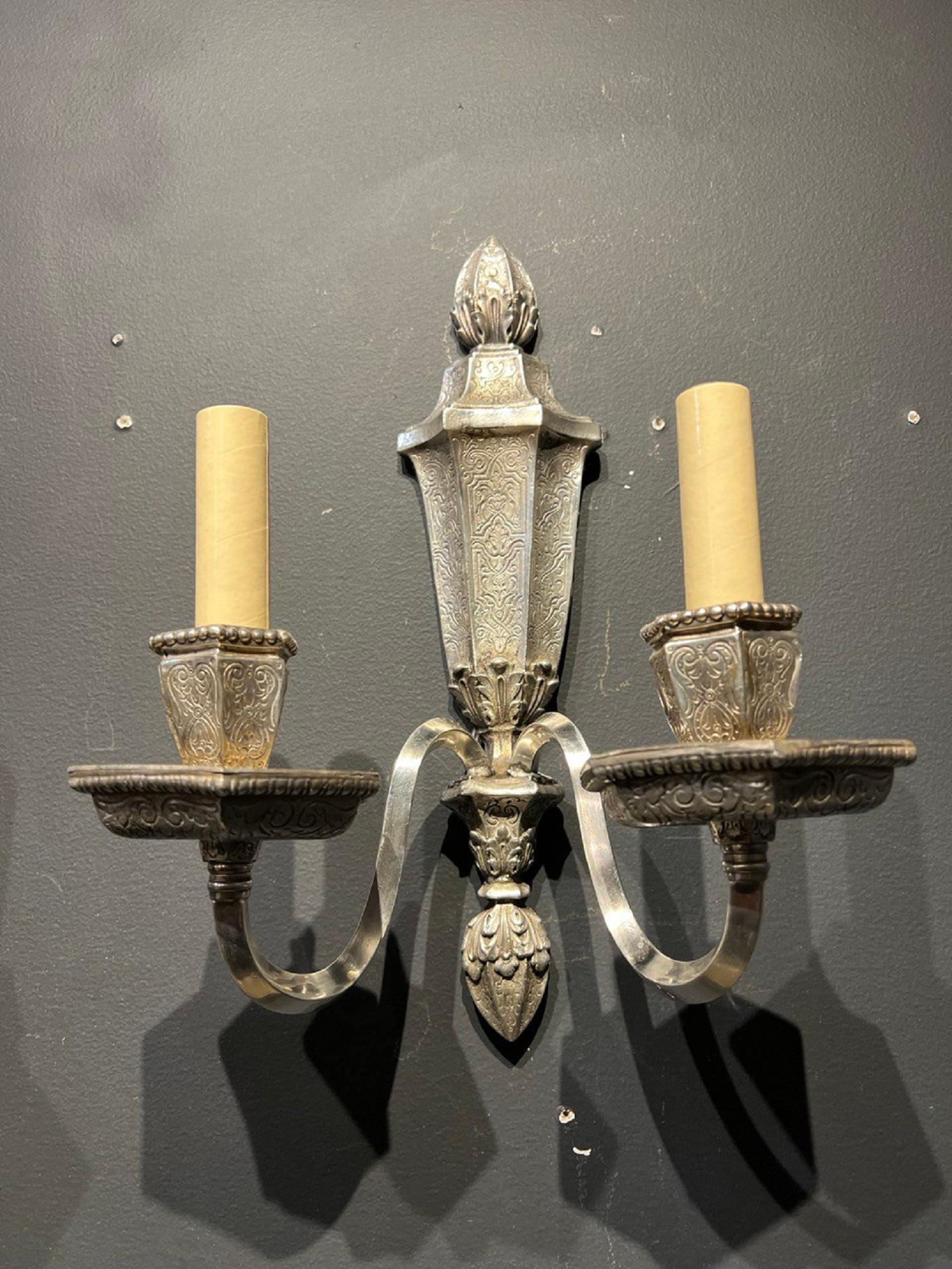 20th Century 1920's Caldwell Engraved Silver Plated Sconces For Sale