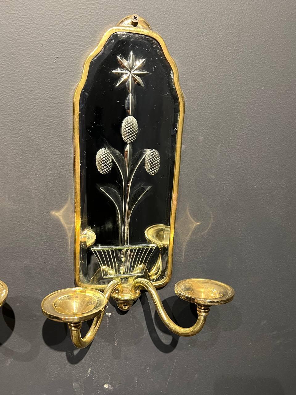 French Provincial 1920s Caldwell Etched Mirror Sconces For Sale