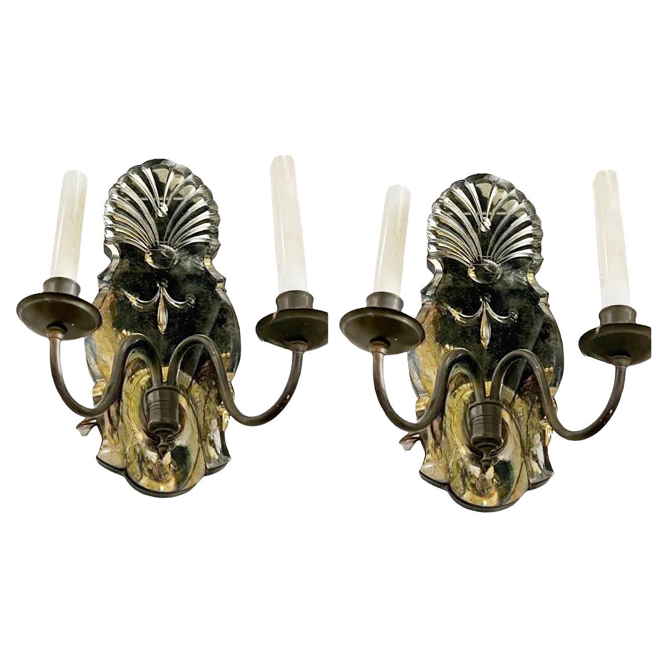 1920's Caldwell Etched Mirror Sconces with Brown Patina For Sale
