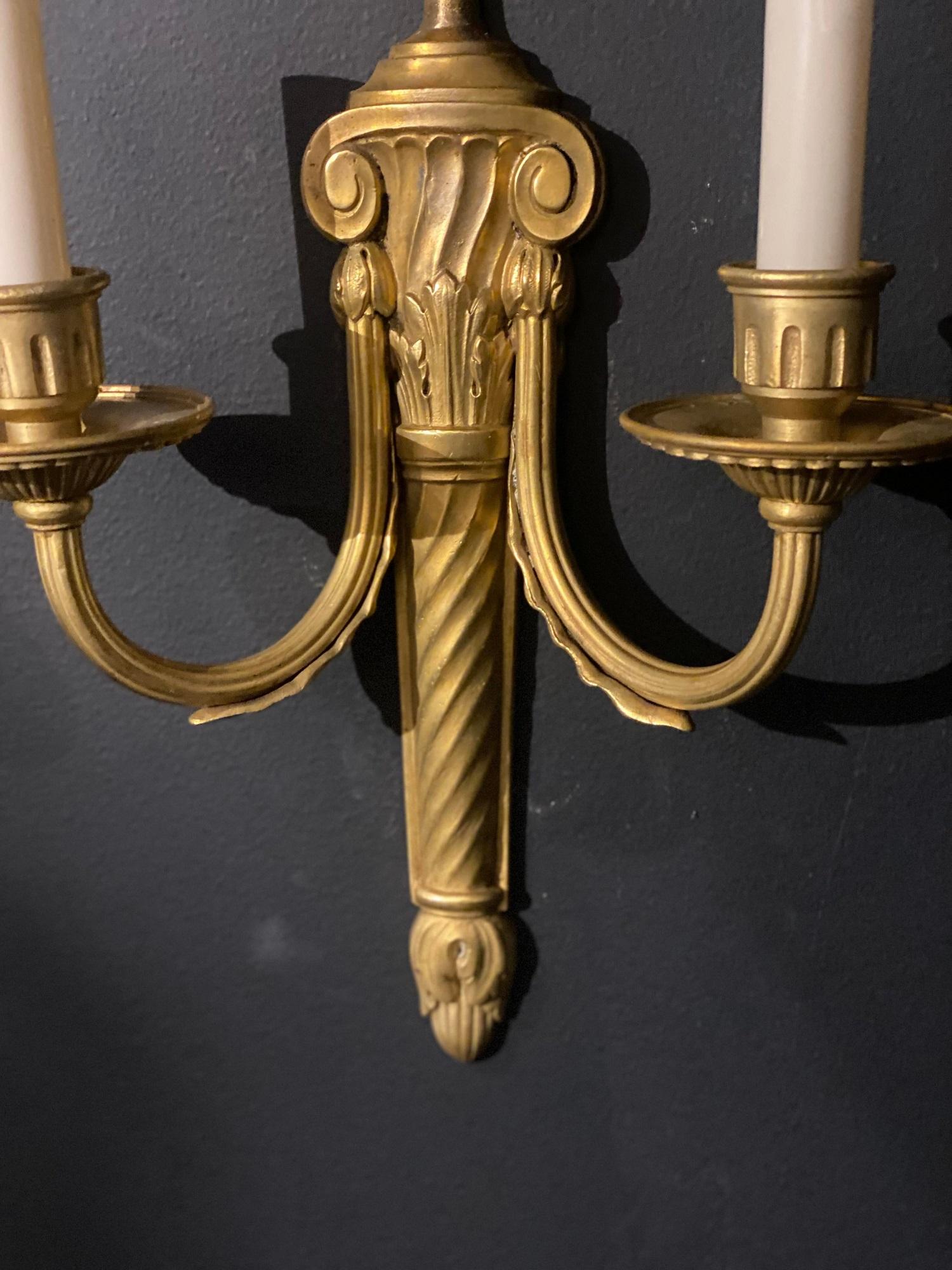 1920’s Caldwell Gilt Bronze Sconces In Good Condition For Sale In New York, NY