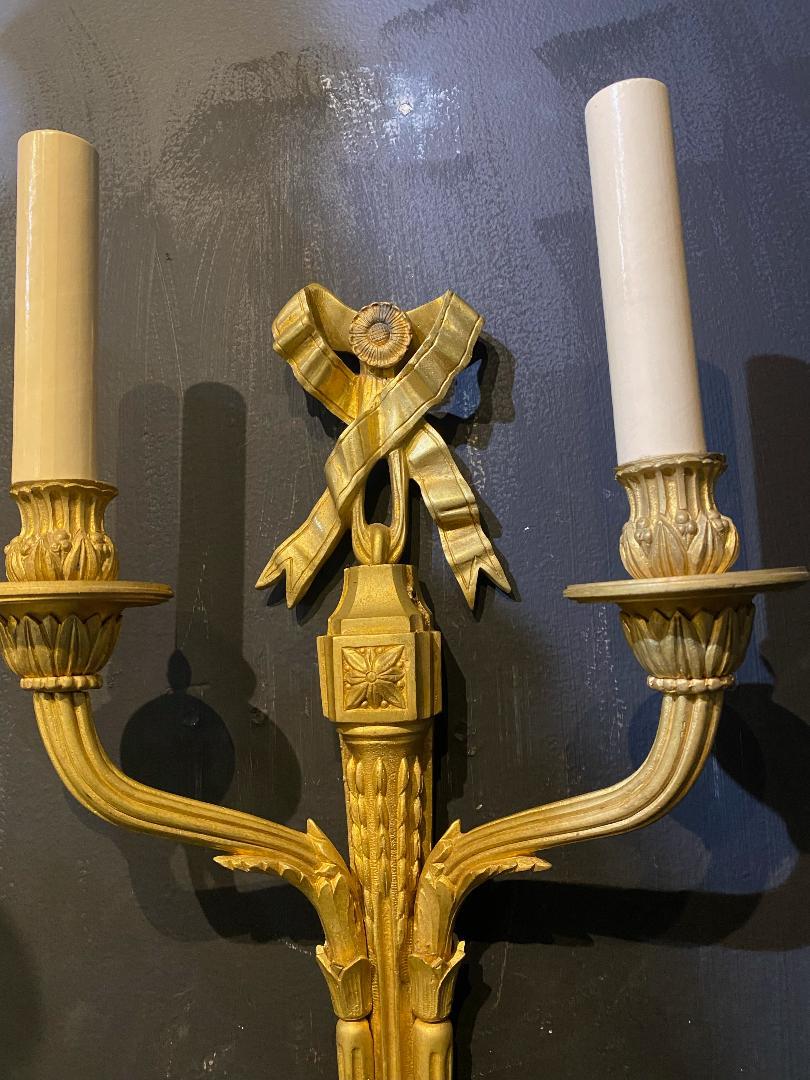 Louis XVI 1920's Caldwell Gilt Bronze Sconces with Ribbons For Sale