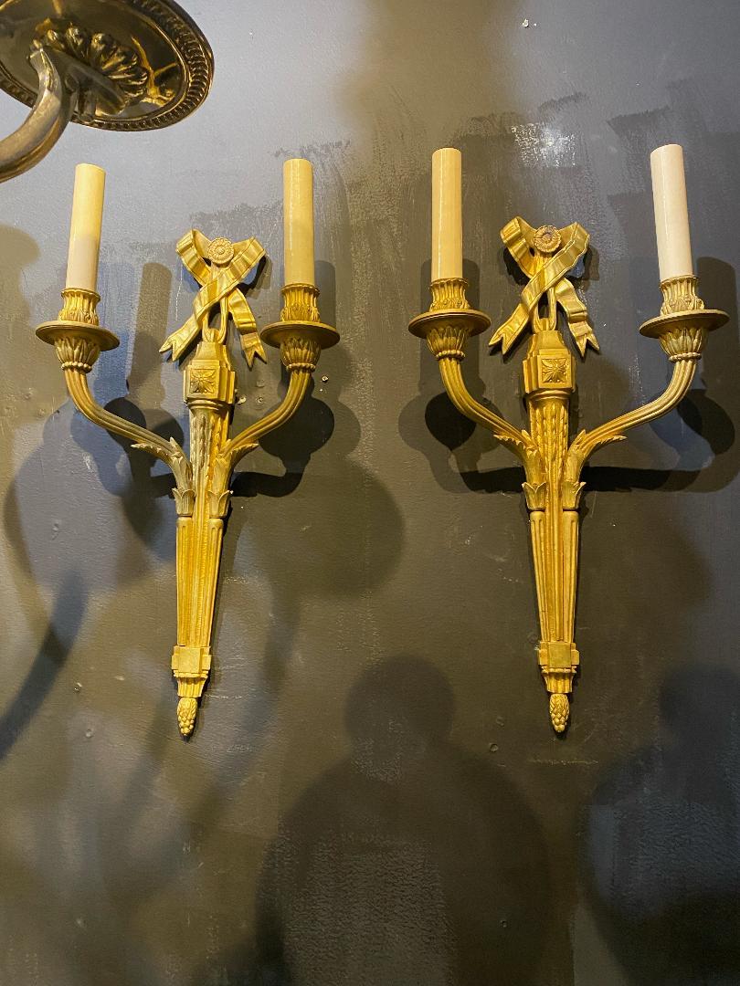 Early 20th Century 1920's Caldwell Gilt Bronze Sconces with Ribbons For Sale