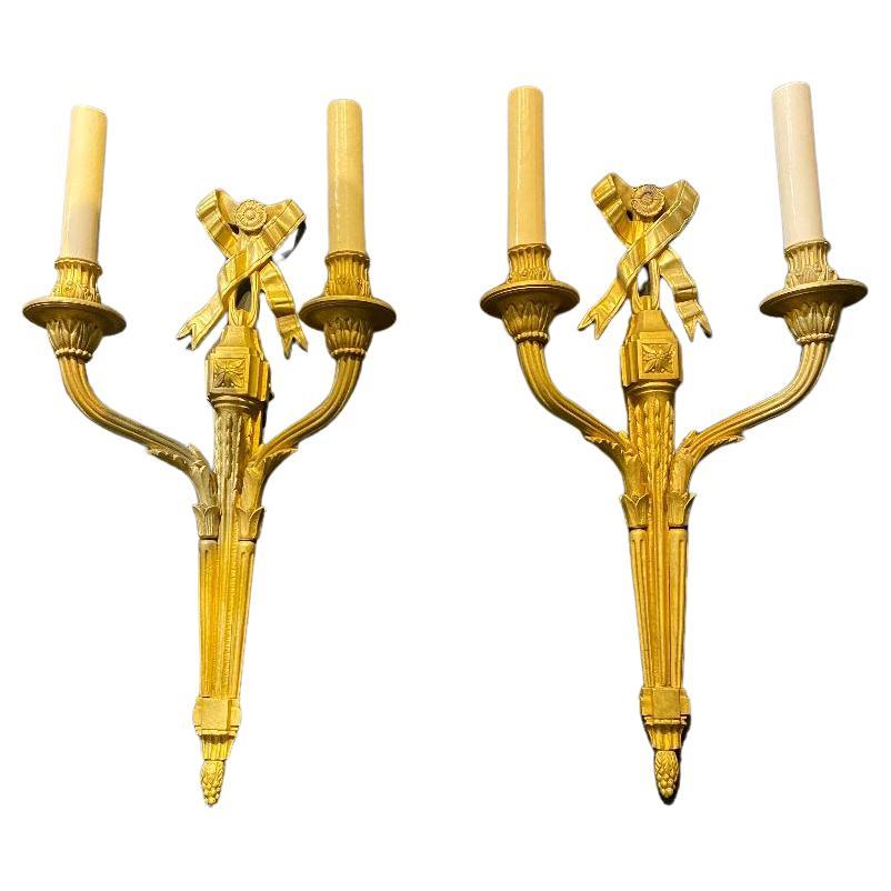 1920's Caldwell Gilt Bronze Sconces with Ribbons For Sale