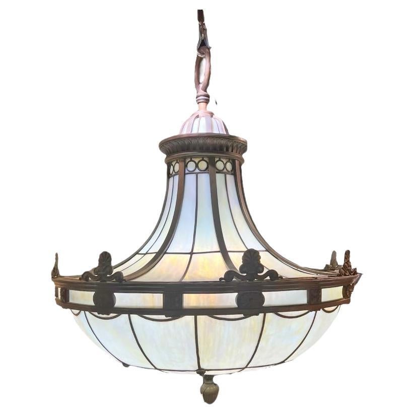 1920’s Caldwell Large Leaded Glass Light Fixtures Pair