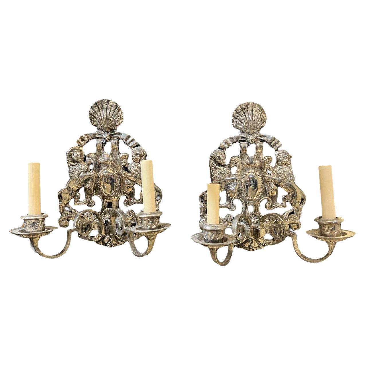 1920's Caldwell Silver Plated Sconces with Lions  For Sale