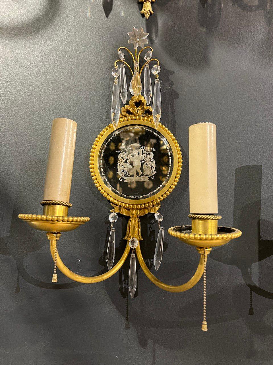 American Classical 1920's Caldwell Etched Mirror Sconces with Cherubs For Sale