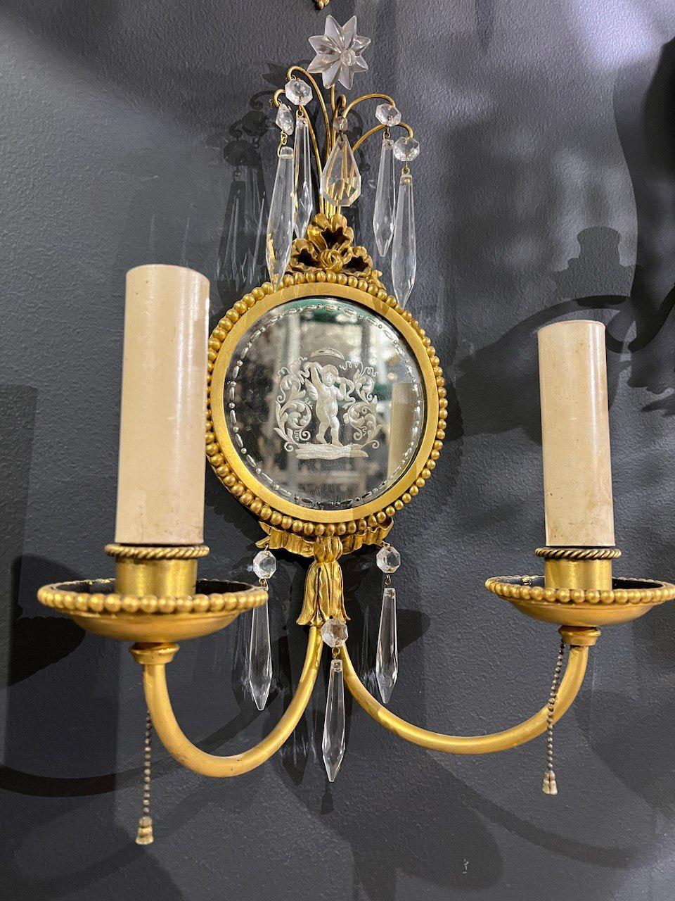 American 1920's Caldwell Etched Mirror Sconces with Cherubs For Sale