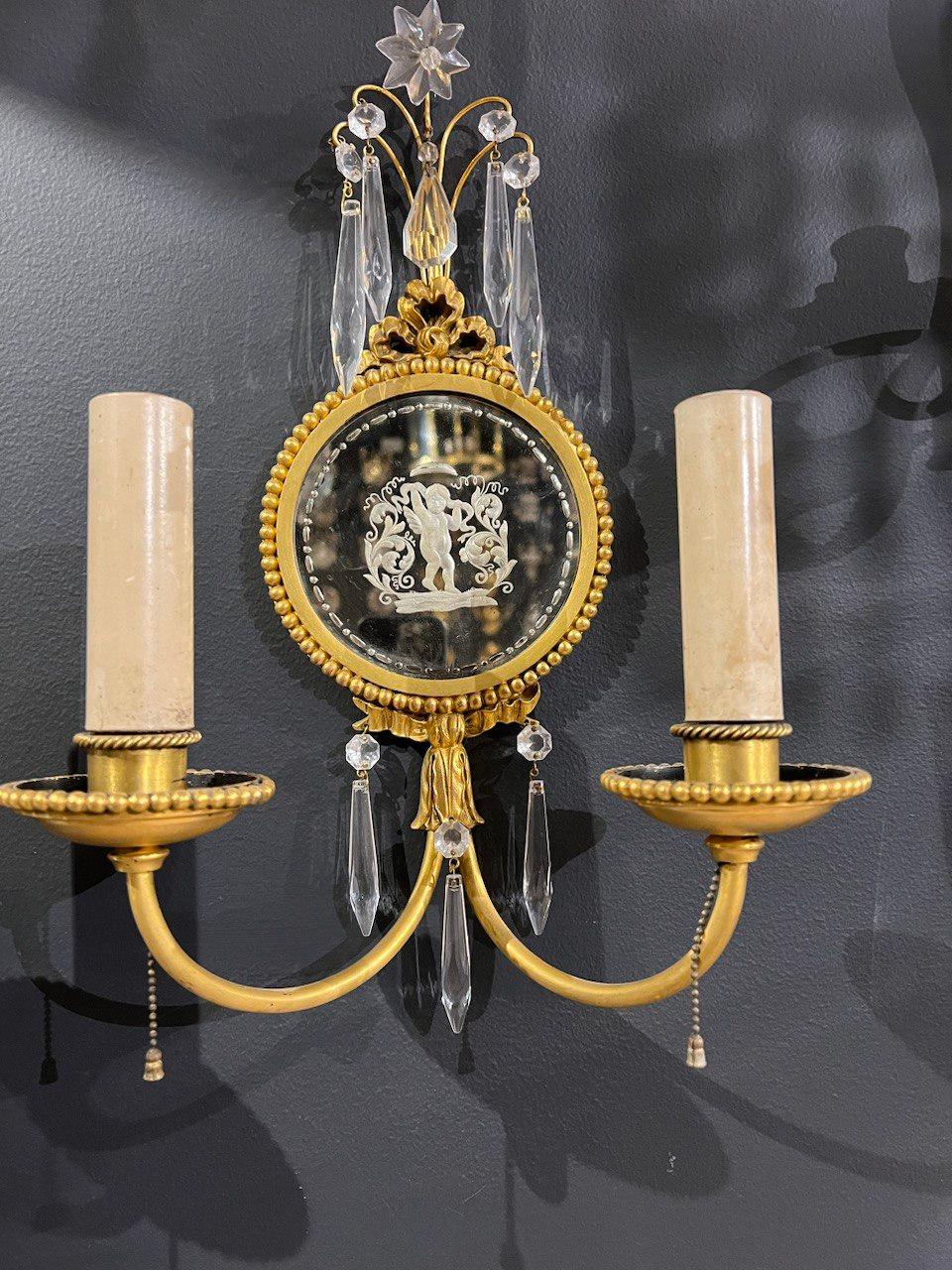 Gilt 1920's Caldwell Etched Mirror Sconces with Cherubs For Sale